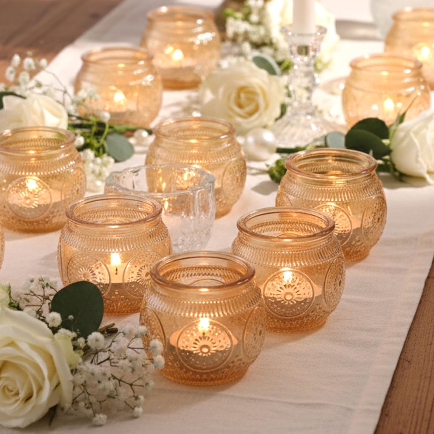 LAMORGIFT 24 Pcs Gold Candle Holders Bulk- Floral Style Tealight Candle Holders for Wedding Table Decor, Gold Centerpieces for Table, Bridal Shower, Birthday, Reception Party Decorations