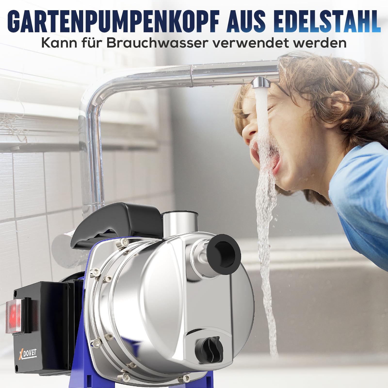 XDOVET Gartenpumpe 600W – Edelstahl-Tiefbrunnenpumpe mit Überhitzungsschutz – 4000 L/H – max. Förderhöhe 35m –Gartenpumpe für Rasen, Garten, Bauernhof