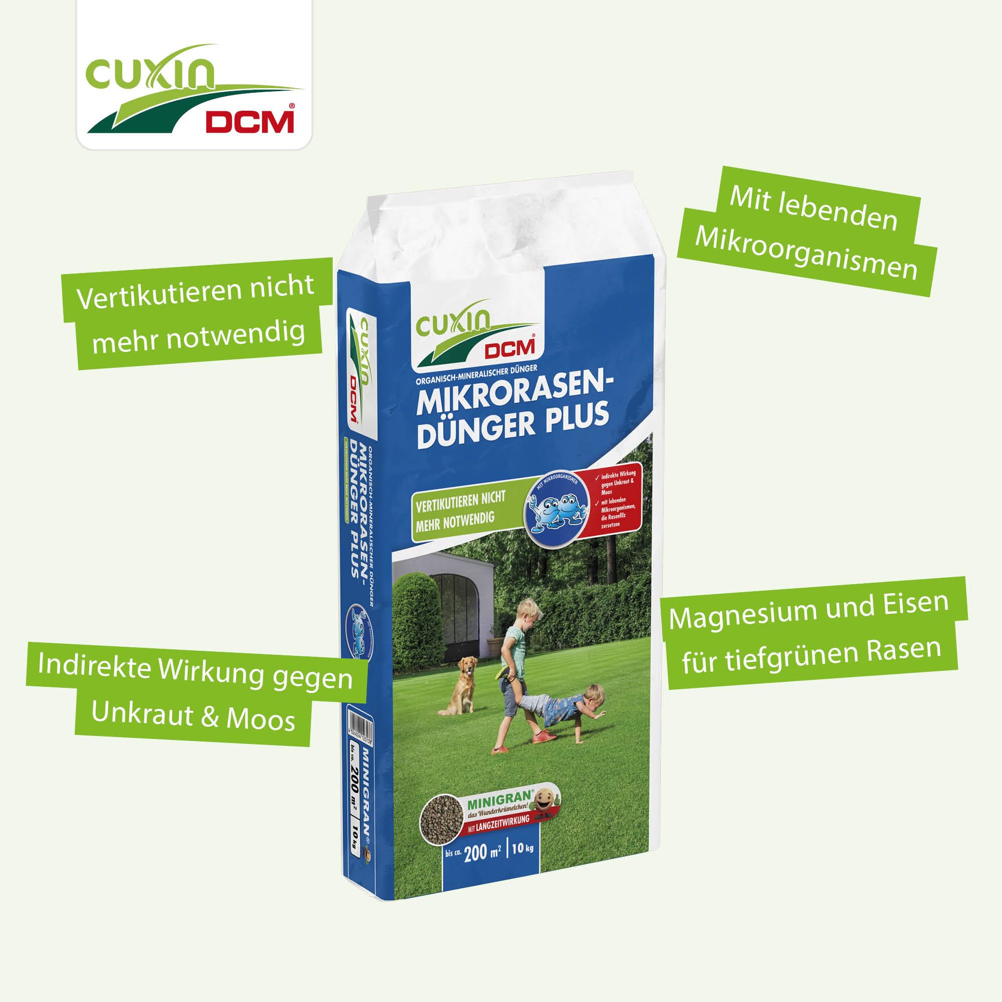 CUXIN DCM Mikrorasen-Dünger Plus - Langzeit Rasendünger - MINIGRAN® TECHNOLOGY - Kein Vertikutieren nötig - organisch-mineralischer NPK-Dünger- 10 KG für 200qm