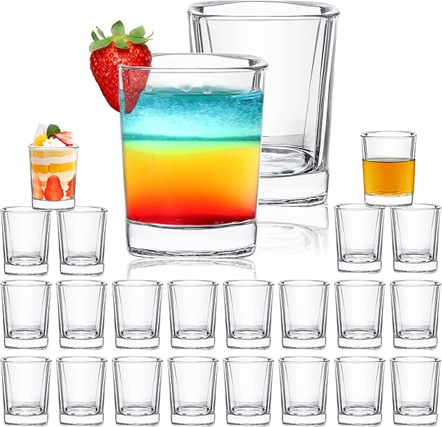 SuproBarware Espresso Shot Glasses Set of 24 Tequila Glasses 60ml Square Shot Glass Bulk with Clear Round Glasses Heavy Base Great for Vodka Tequila Cocktail [Gift Set]