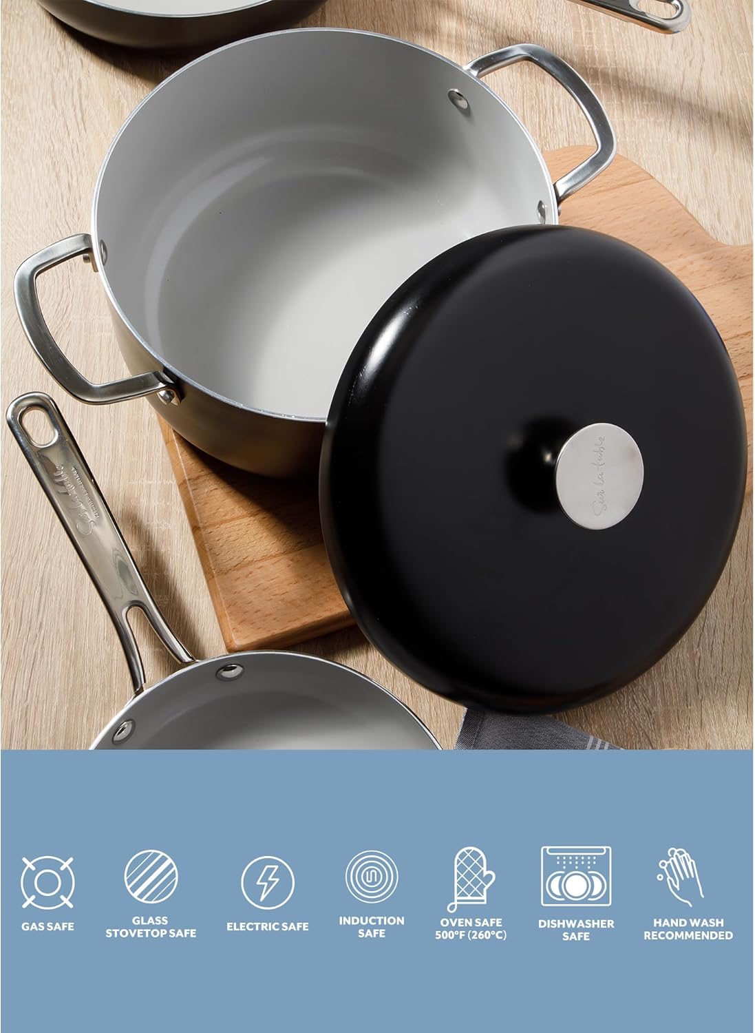 Sur La Table Kitchen Essentials Potluck Porch 5 Quart Aluminum Dutch Oven Pot w/Aluminum Lid PFA FREE Ceramic Interior Cookware Pot - Induction - Black