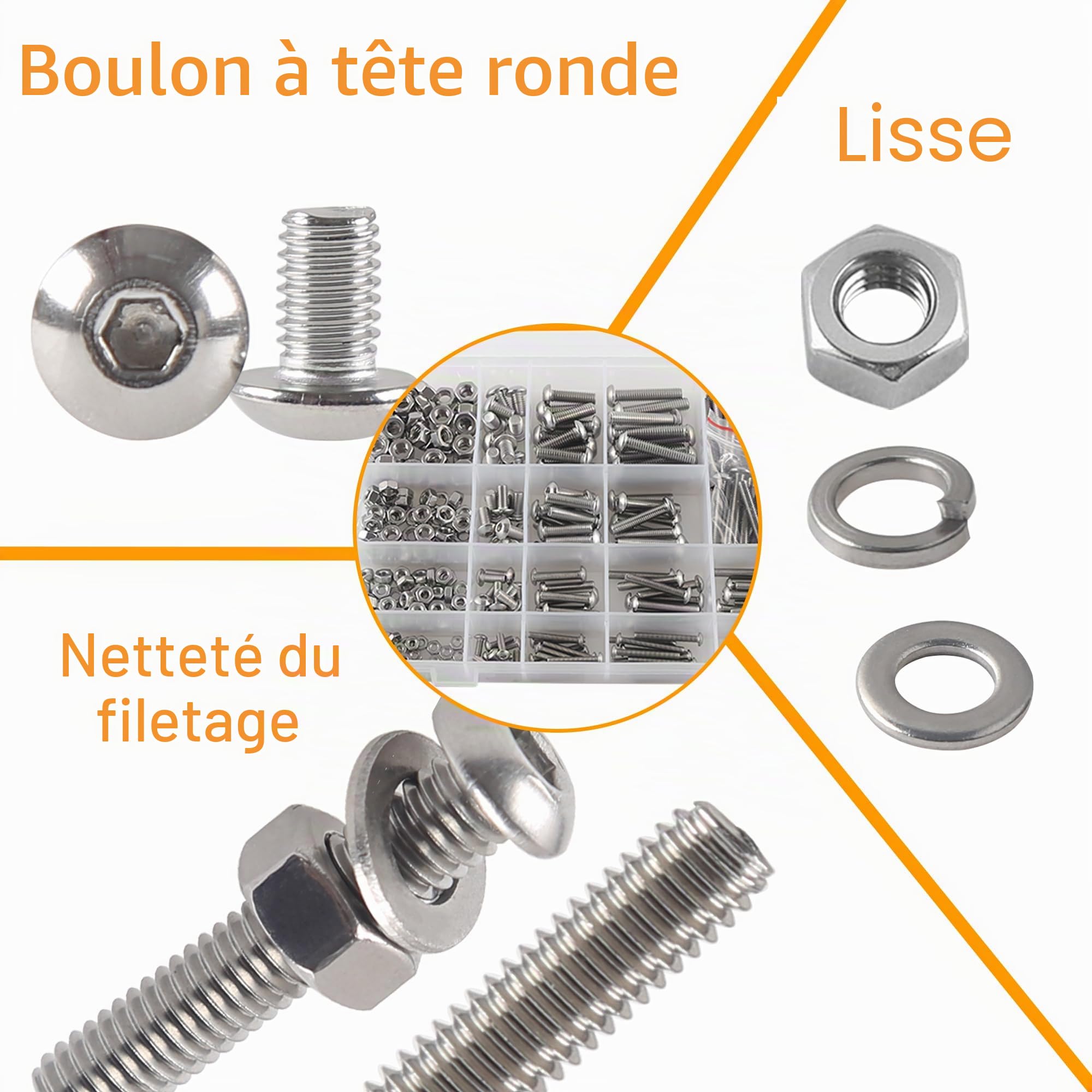 M3 M4 M5 M6 Vis et Écrous 1000pcs Acier Inoxydable 304 Boulon et Écrous Rondelles Cylindrique Vis Six Pans Creux Assortiment Kit Bricolage Atelier Garage Réparation