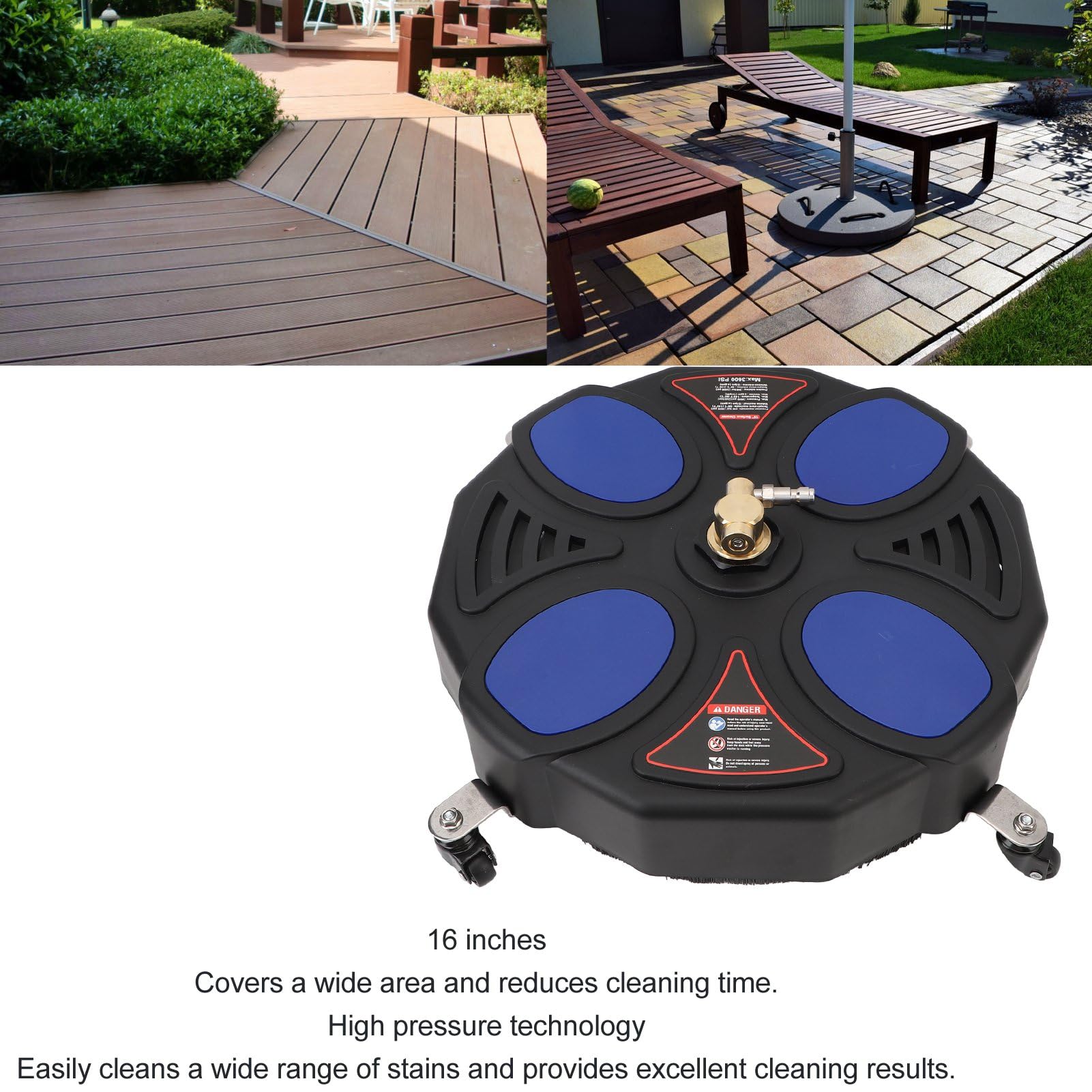 Limpiador de Superficies para Lavadora a Presión, Varitas de Extensión de 16 y Accesorio Limpiador de Superficies de Enchufe Rápido de 1/4 para Hormigón, Patio, Acera, 3600PSI