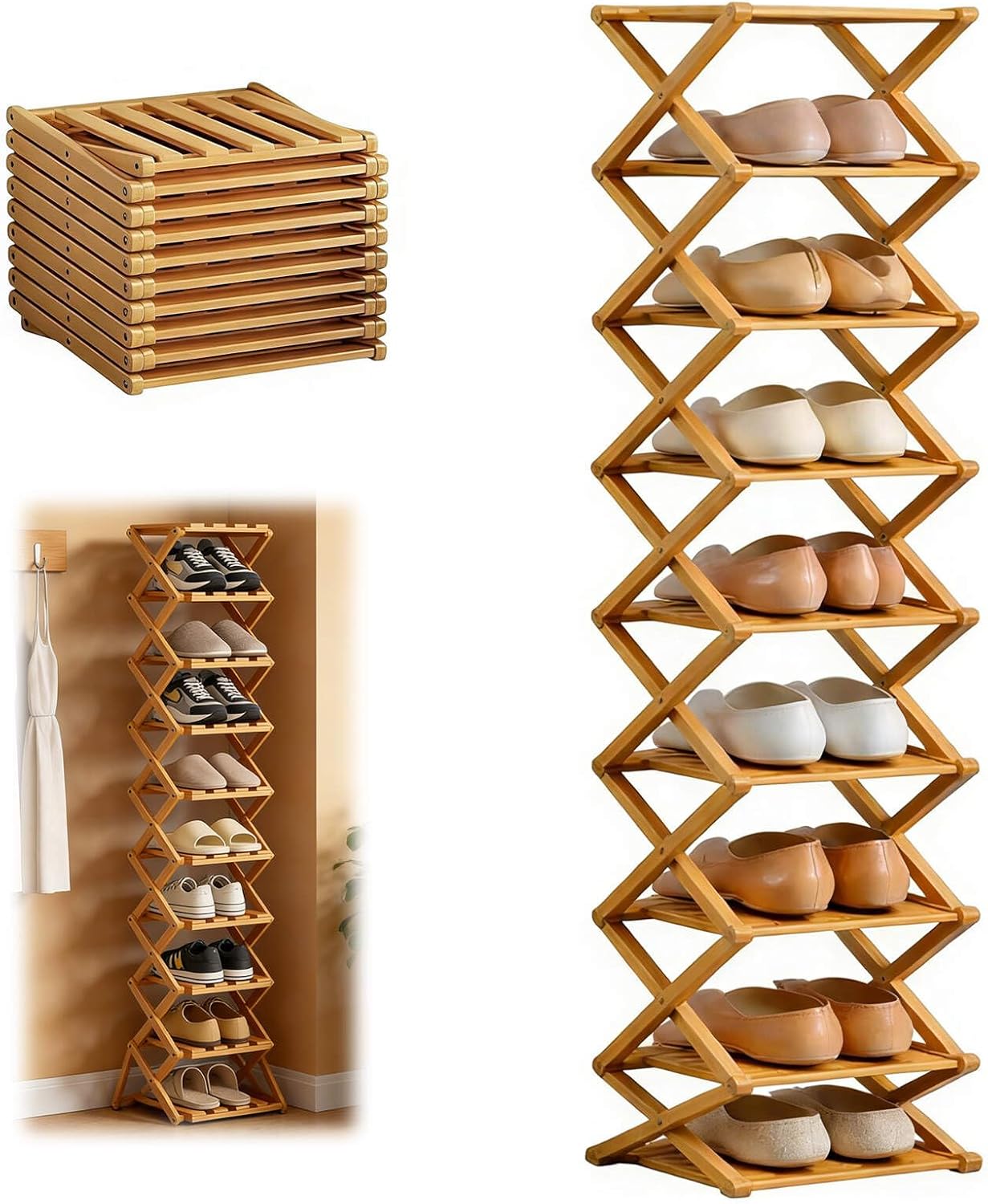 9 Tier Bamboo Shoe Rack, Heavy Duty Foldable Shelf Needing No Setup | Versatile Space-Saving & Sturdy Collapsible Bamboo Shoe Rack Organizer for Closet, Entryway, Over-Door, Dorm or Bedroom Use