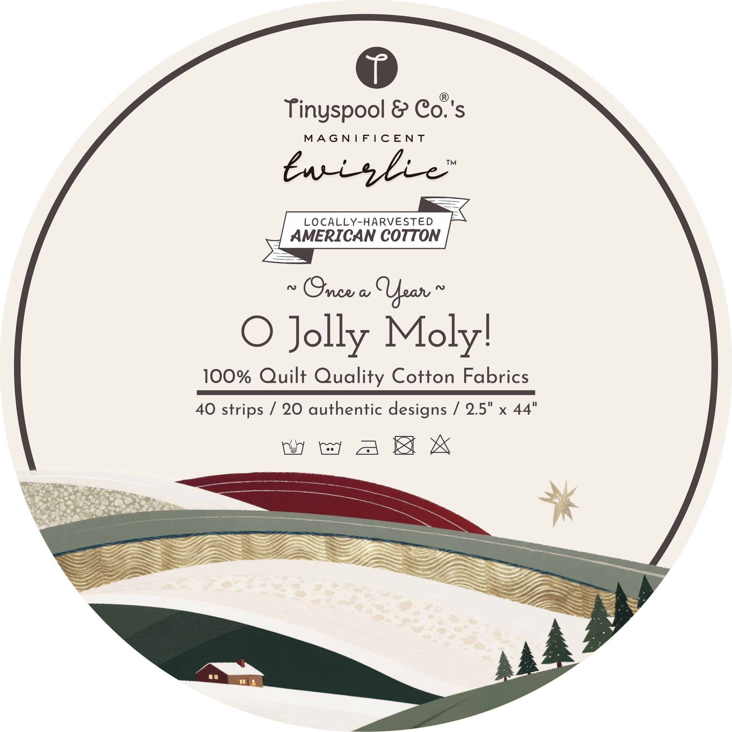 Tinyspool &amp; Co.'s Twirlie Roll 40 Precut Quilting Fabric Strips for Quilting Supplies, Crafting, Sewing, Soft Cotton Strip for Blanket, Rug, Upholstery, Home Decor, and Purse Making, O Jolly Moly!