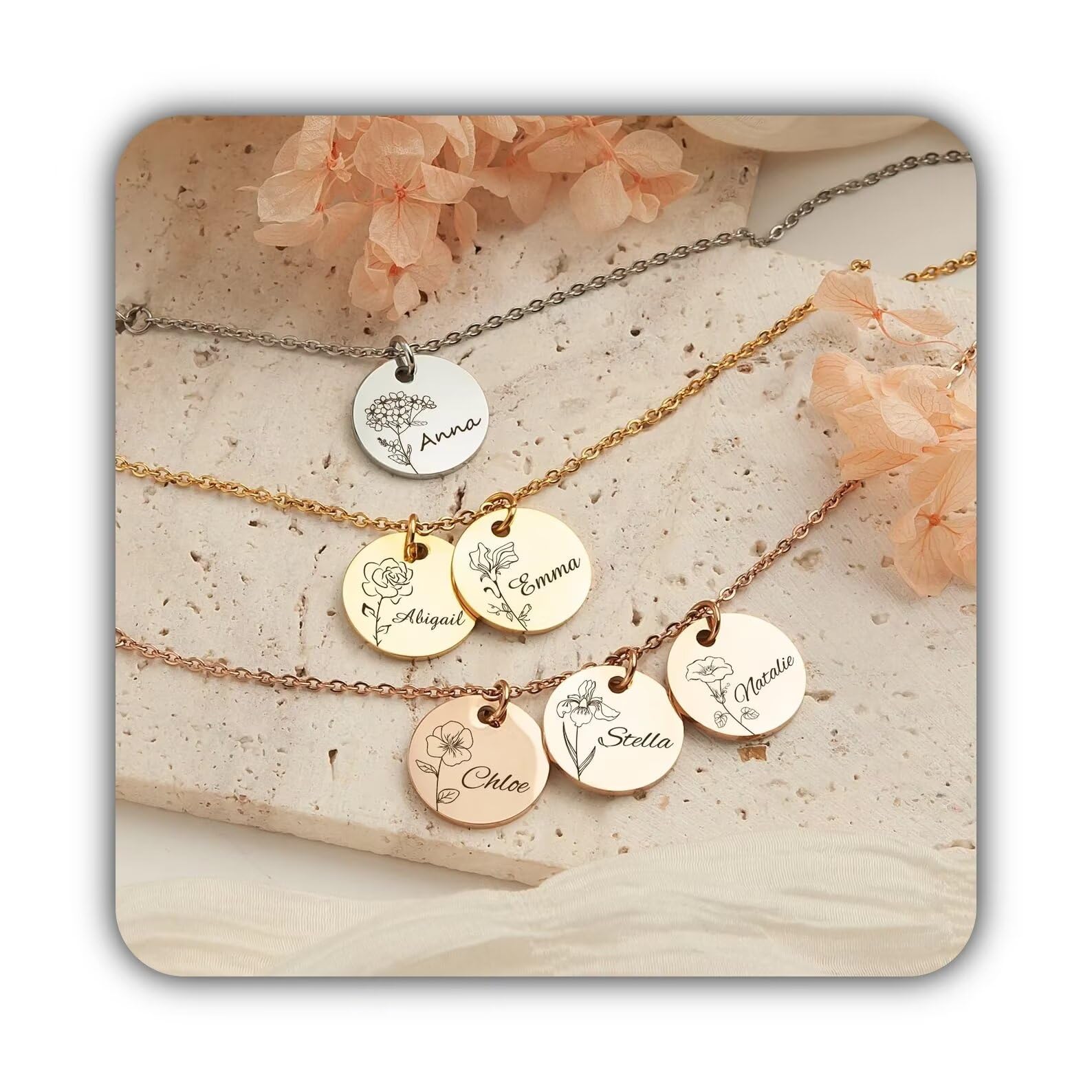 Regalo per la mamma - Bracciale personalizzato con fiore e nome - Catena con braccialetto di fascino personalizzato - Braccialetto di famiglia Regalo per la mamma Gioielli personalizzati