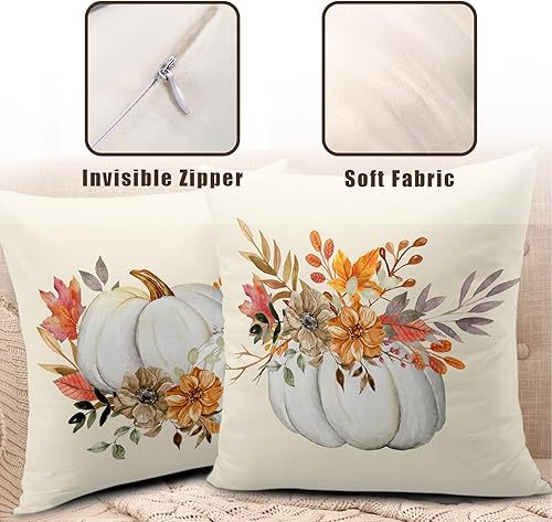 Miniatura 6 de Fundas de almohada de Acción de Gracias de 18 x 18 pulgadas, juego de 2 fundas de almohada de otoño con diseño de flores de calabaza, fundas de