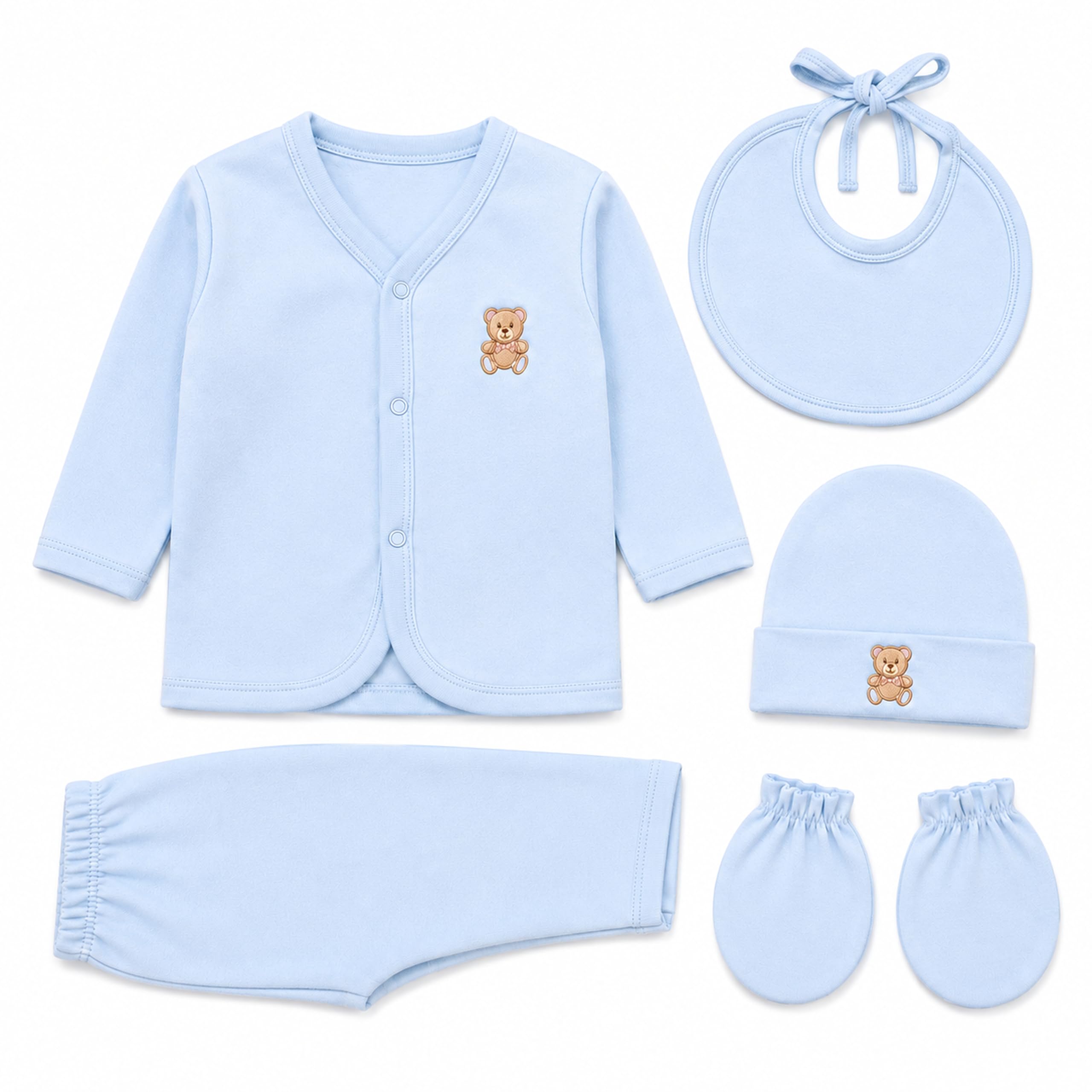 Newborn Baby Clothing Set, 5 Pcs, 100% Cotton, Blue, 0-3 Months | Top, Pant, Bib, Cap, Mittens, Ultra Soft Breathable Fabric, Teddy Bear Embroidery, Safe for Baby Skin, Everyday & Sleep Wear-picture-20