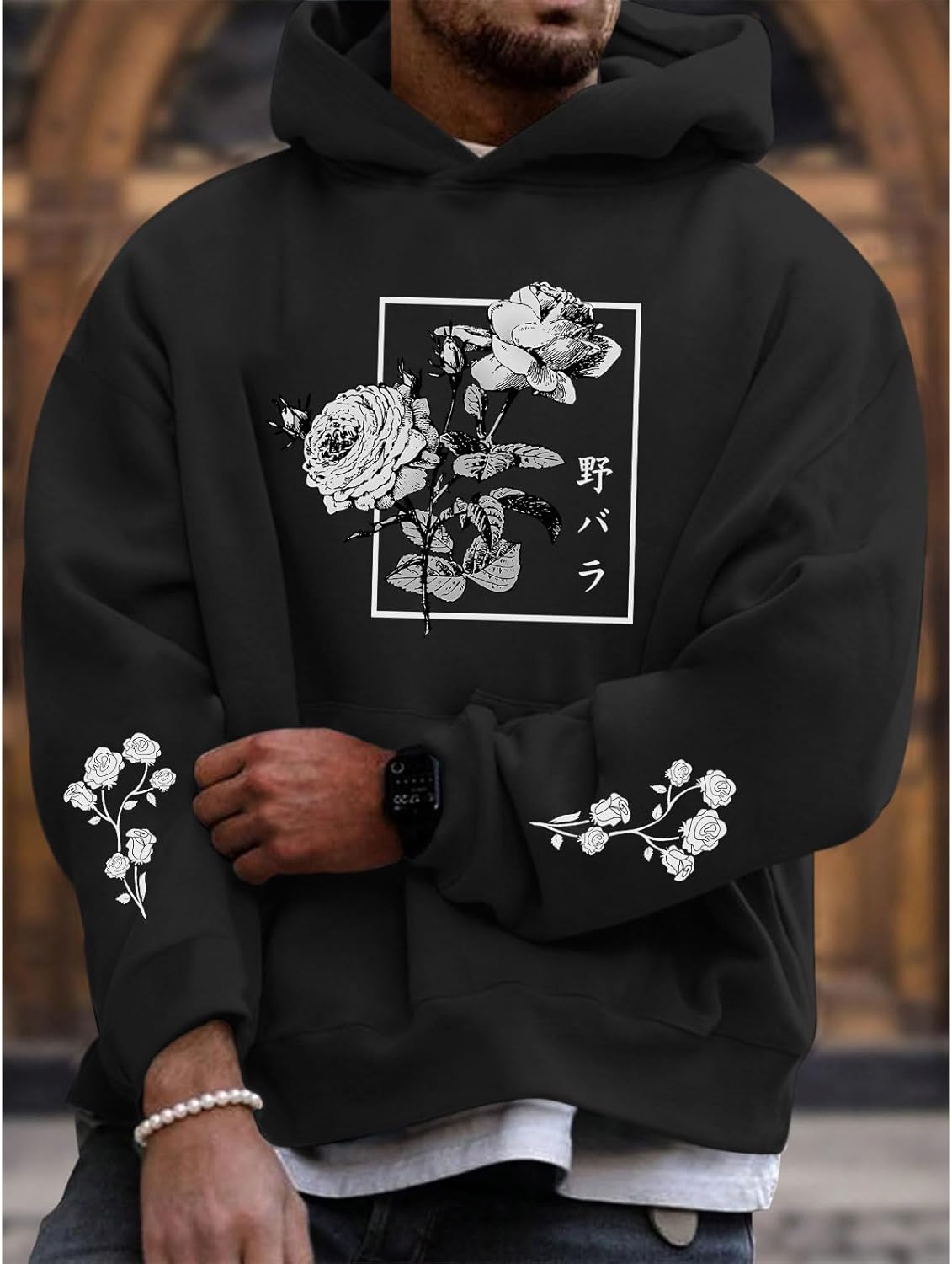 Rose Floral Graphic Hoodie for Men Aesthetic Japanese Cool Hoodies Oversized Trendy Streetwear Pullover Sweatshirt - Image 3