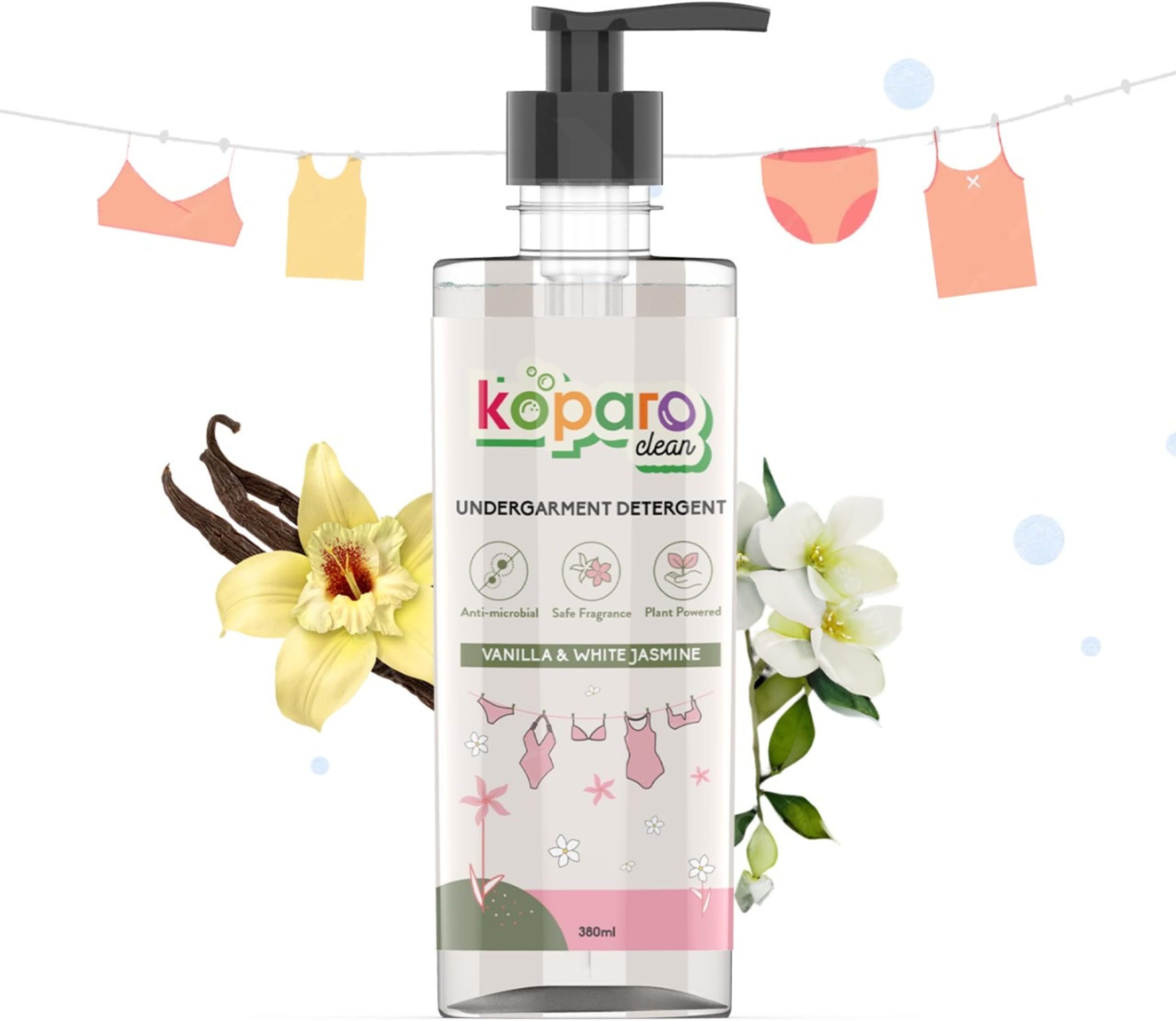 Koparo Undergarment Liquid Detergent For Men & Women | 380ml | Vanilla & White Jasmine | No Soaking Required