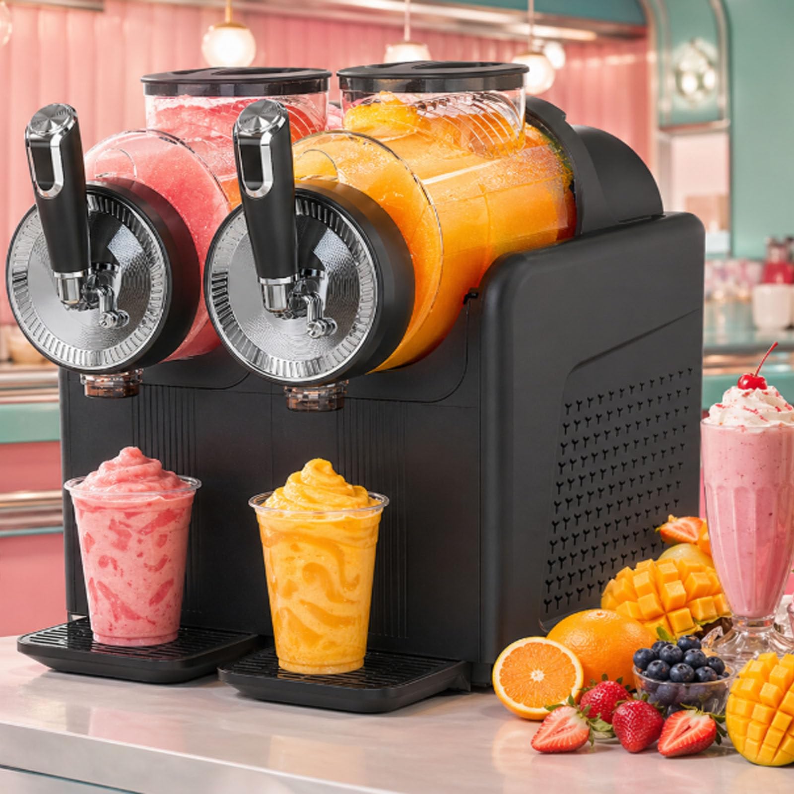 ErShangMao Automatic Slushie Maker,Slushy Machine,Dual Barrel Cold Drink Station,430w Soft Ice Cream Maker Machine,7 Presets,Adjustable Temperature,Self Cleaning For Juice,Shakes & Granita Black