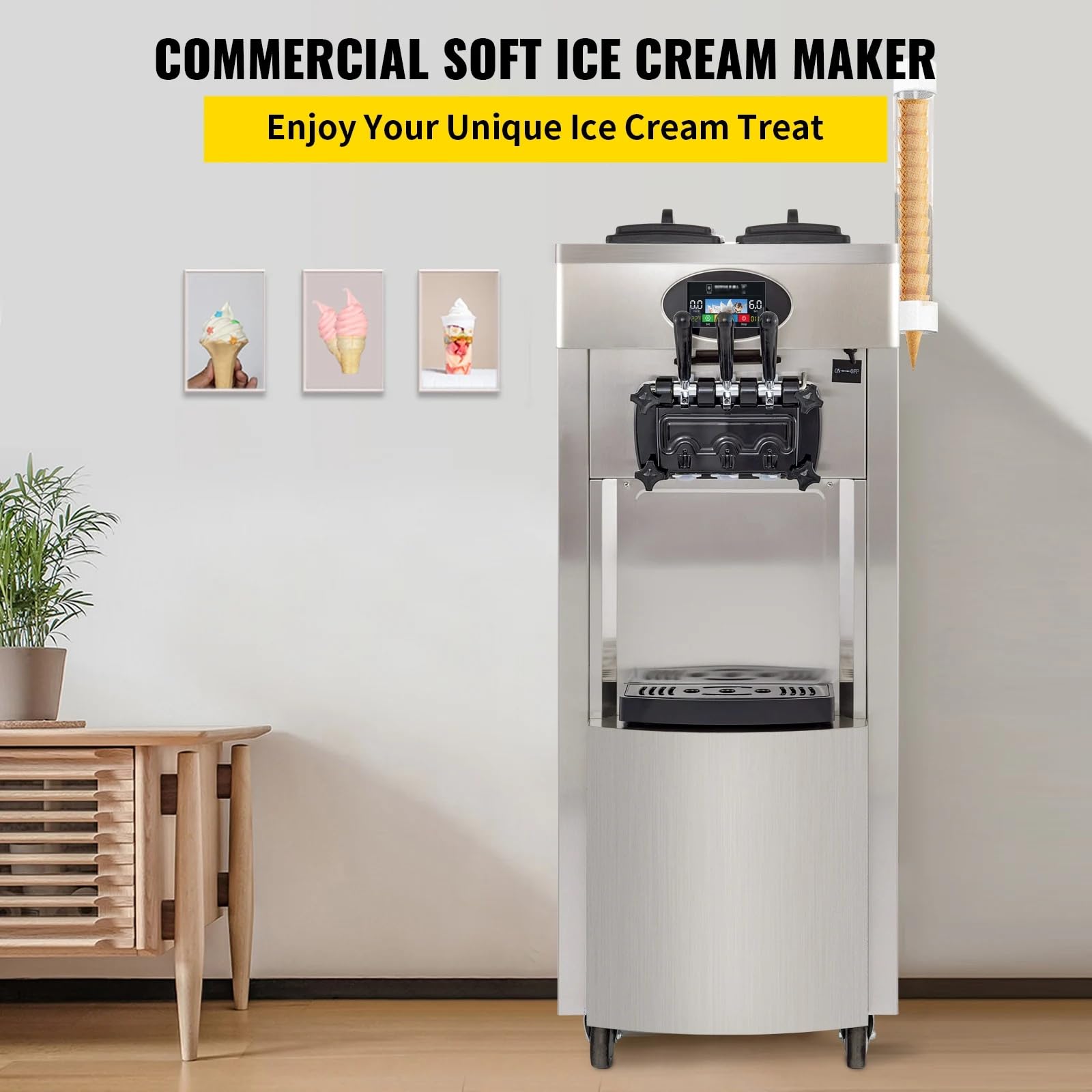 Machine à Crème Glacée Commerciale 20-28L/h 2200W 3 Saveurs, Soft Machine à Glace Italienne Trémie 2x4,3 L, Panneau LED à Nettoyage Automatique, Réfrigération de Nuit, pour Yaourt Café Snack-Bar