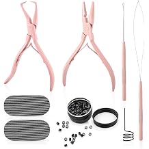 Gomake Microlinks Hair Extensions Kit, Hair Extension Closer and Removal Pliers, Micro Beads Pulling Hook & Microbead Loop Tool, Micro Links Silicone Rings Bead 200PCS Pink