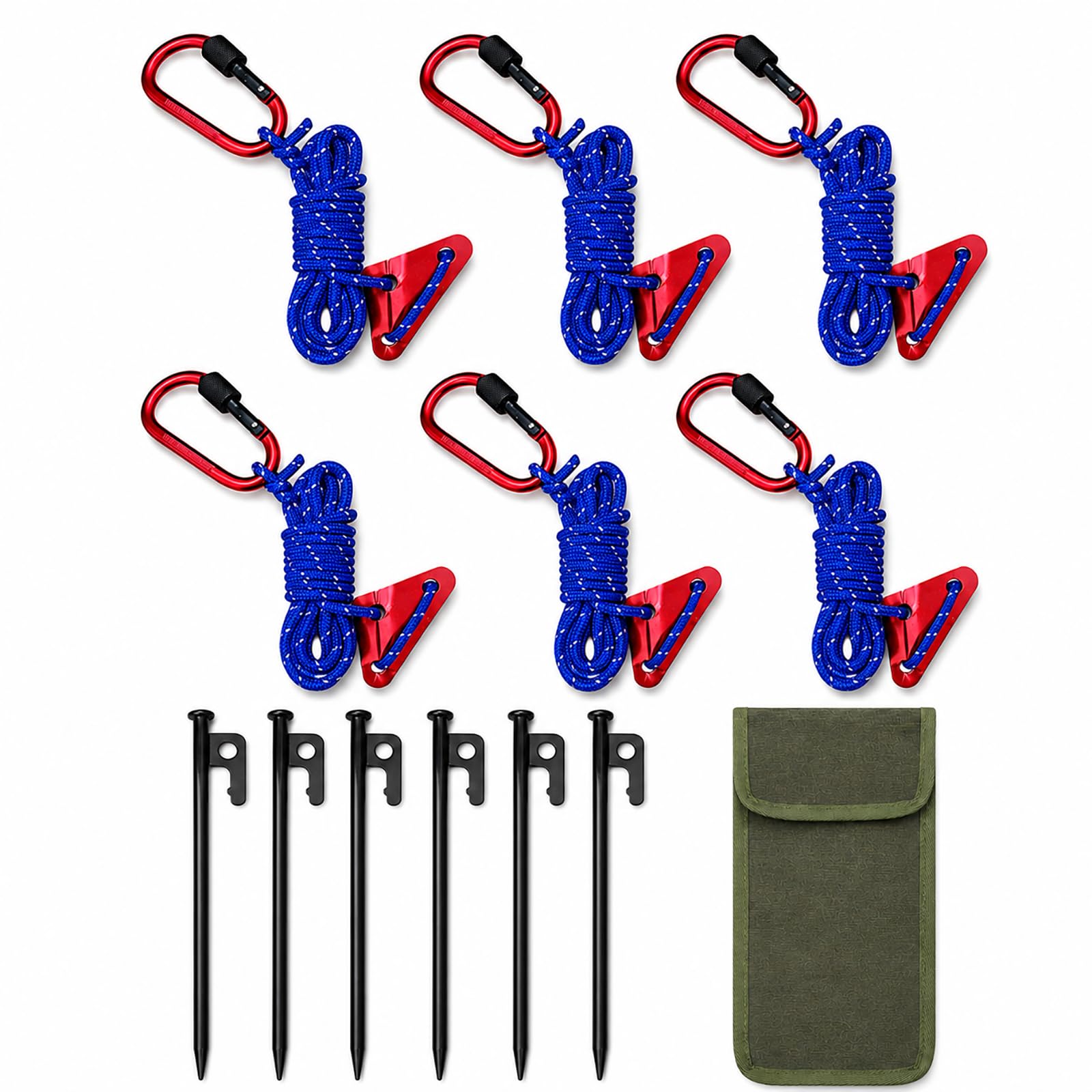 Camping Guyline Kit with Carabiner, 6 x 4m Reflective Tent Guy Ropes, 6 x 30cm Metal Tent Pegs, Rope Tensioners and Carry Pouch for Tents, Tarps, Canopies, Awnings and Shelters，Blue