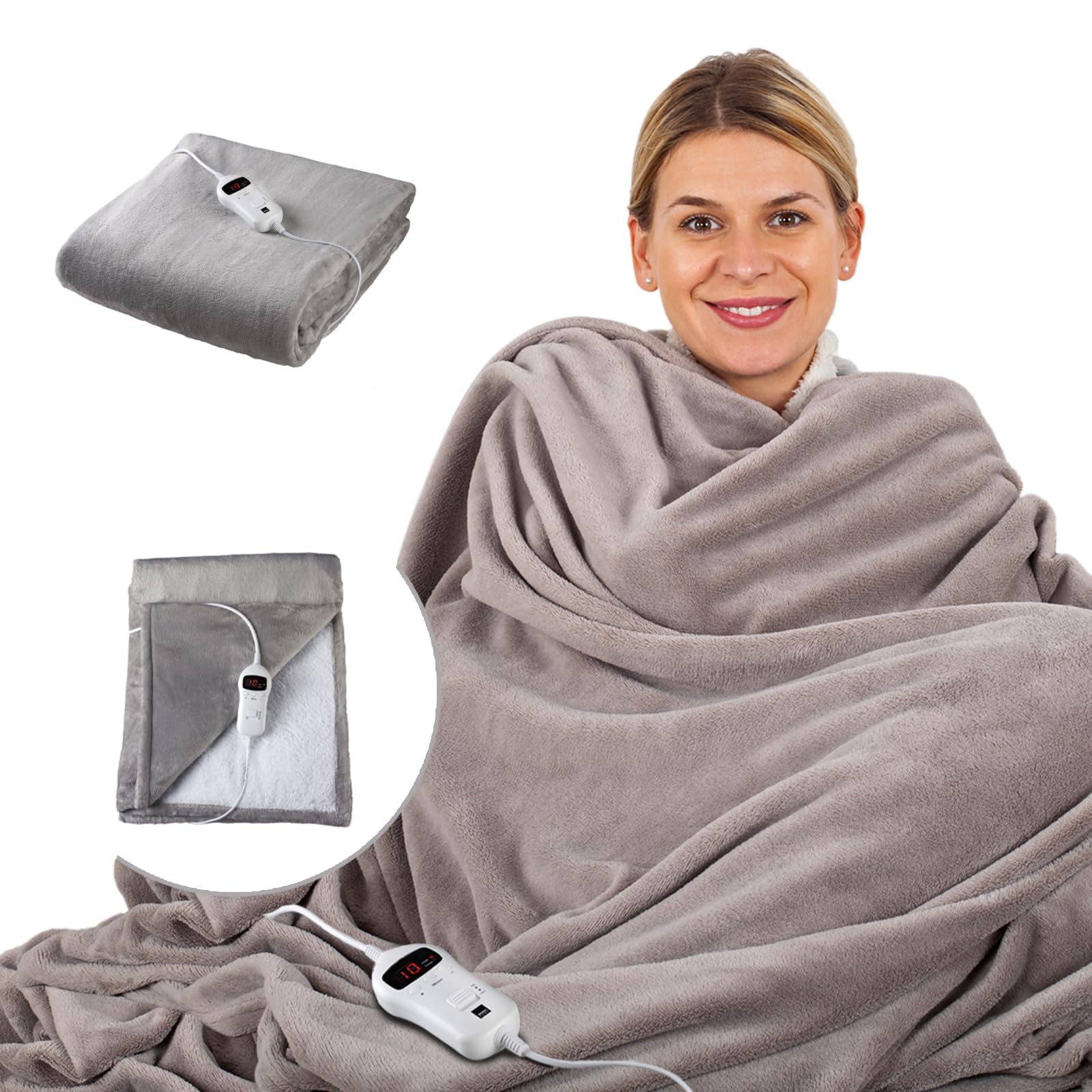 SENSIOHOME Luxury Heated Throw Fast Heat Up Electric Blanket, Warm Cosy Flannel Fleece, 10 Heat Settings, Timer and Overheat Protection, Machine Washable, Digital Remote, Grey
