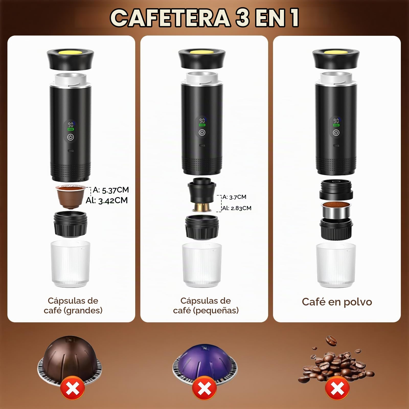 Cafetera Portátil 3-en-1 Calentamiento Rápido 80ml Presión 20 Bares | Pantalla Inteligente de Temperatura, Compatible Cápsulas 7500mAh USB-C Viajes y Oficina (Negro, Bolso Titular)