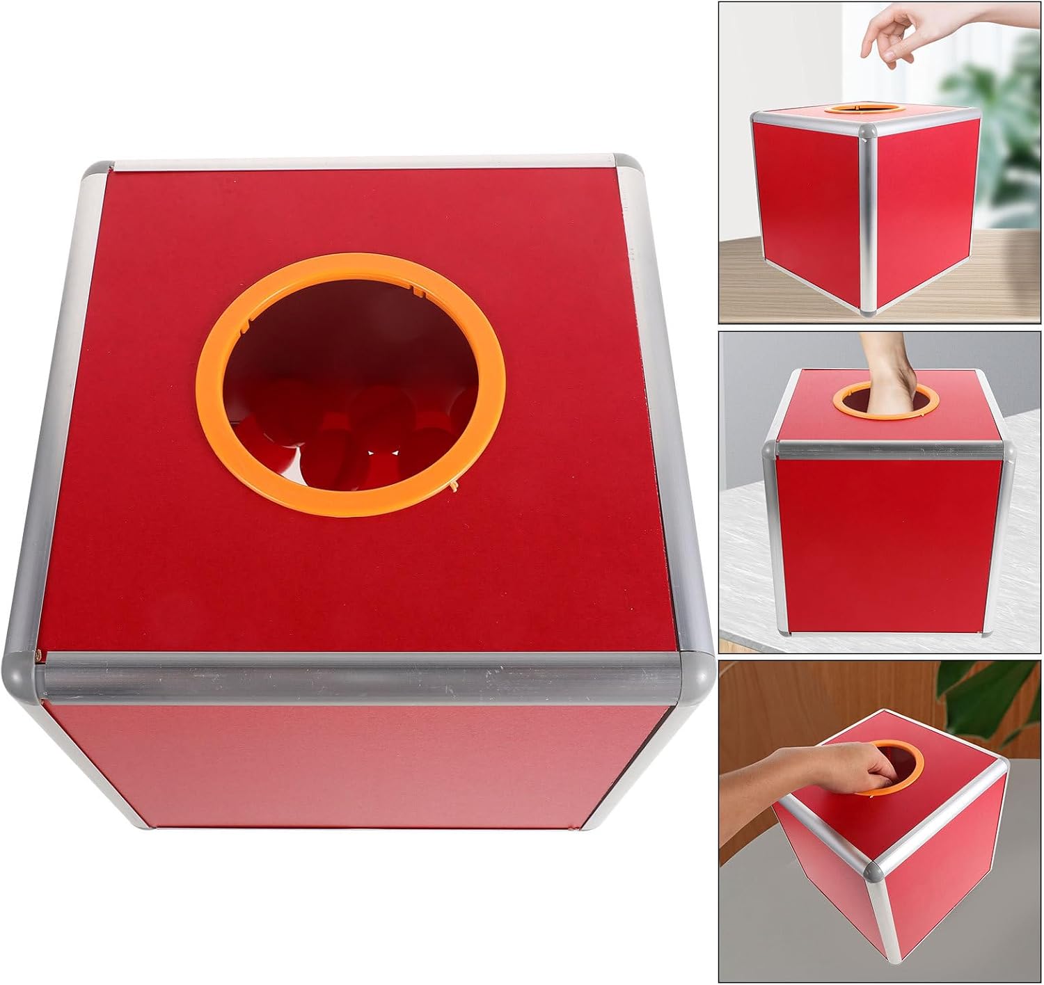 Raffle Ticket Storage Box with 50 Red Balls, 25cm Single-sided Red Plastic Donation and Voting Container for Party Games and Lottery Events