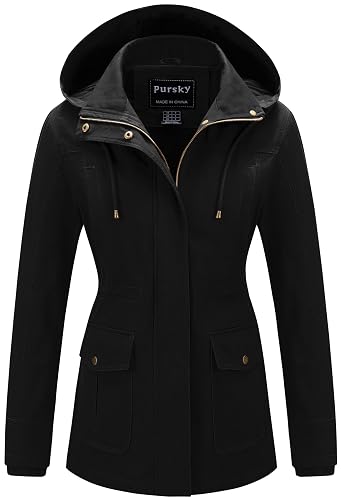Pursky Women's Cotton Anorak Jacket Lightweight Casual Military Jackets Safari Utility Coats With Removable Hood - Black - Medium