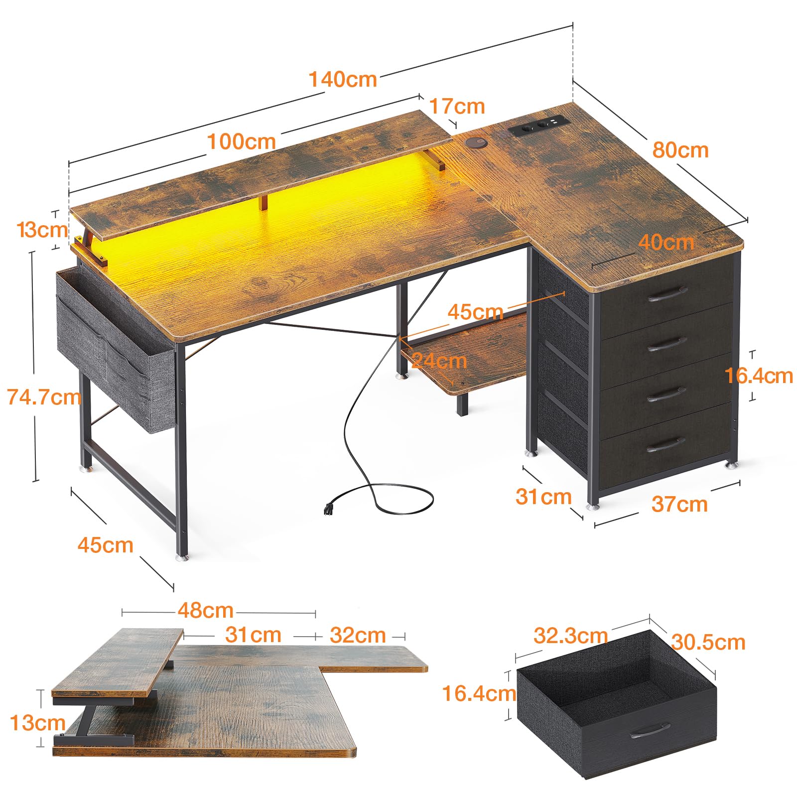 ODK Scrivania Angolare Reversibile, Scrivania da Gaming con LED, Scrivania a L con 4 Cassetti, Tavolo a Forma di L con 2 Porte di Ricarica USB e 2 Prese di Corrente per Ufficio, Marrone, 140x80x84.7cm