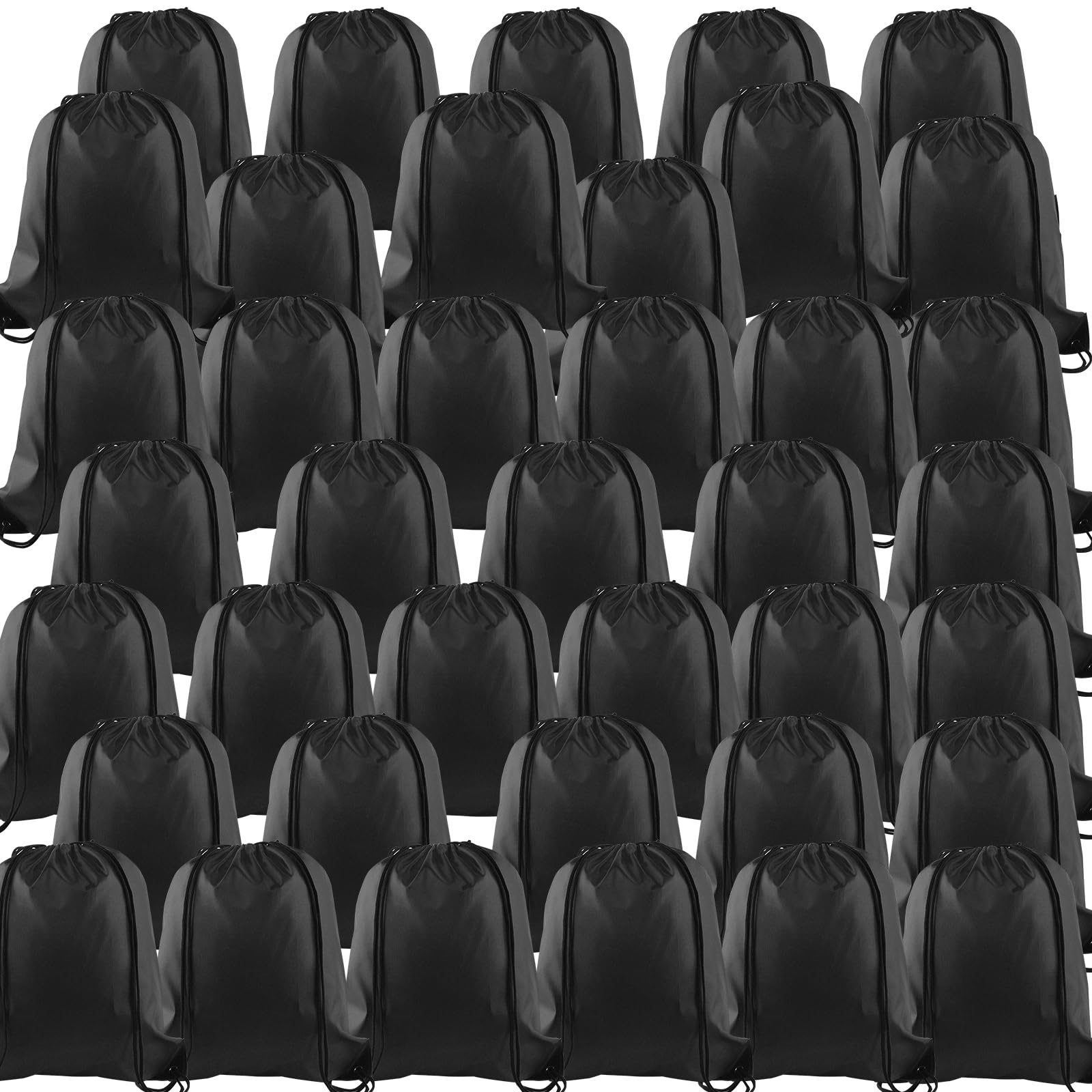 KUUQA 40pc Black Drawstring Backpacks - Gym, School, Travel - 40cm*34cm/15.7'x13.4' - Polyester & Faux Leather - Modern Design - Drawstring Closure -