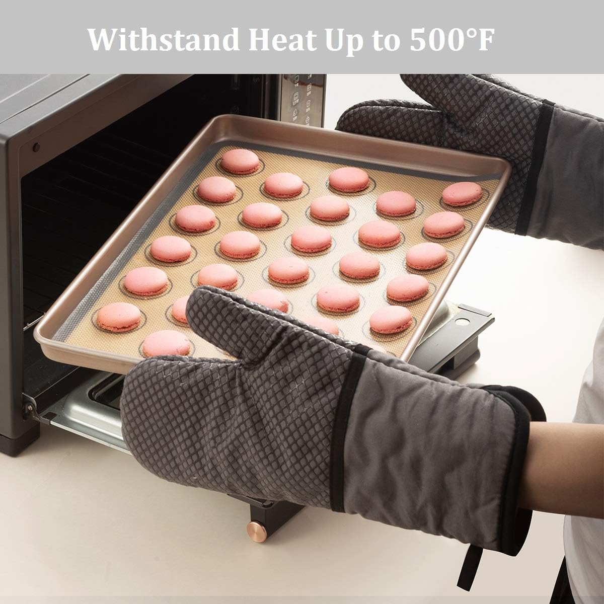 3Pcs Oven Mitts Set, Silicone Heat Resistant Oven Gloves with Cooking Tongs Soft Cotton Lining and Non-Slip Surface Safe for Baking, Cooking, BBQ (Grey)