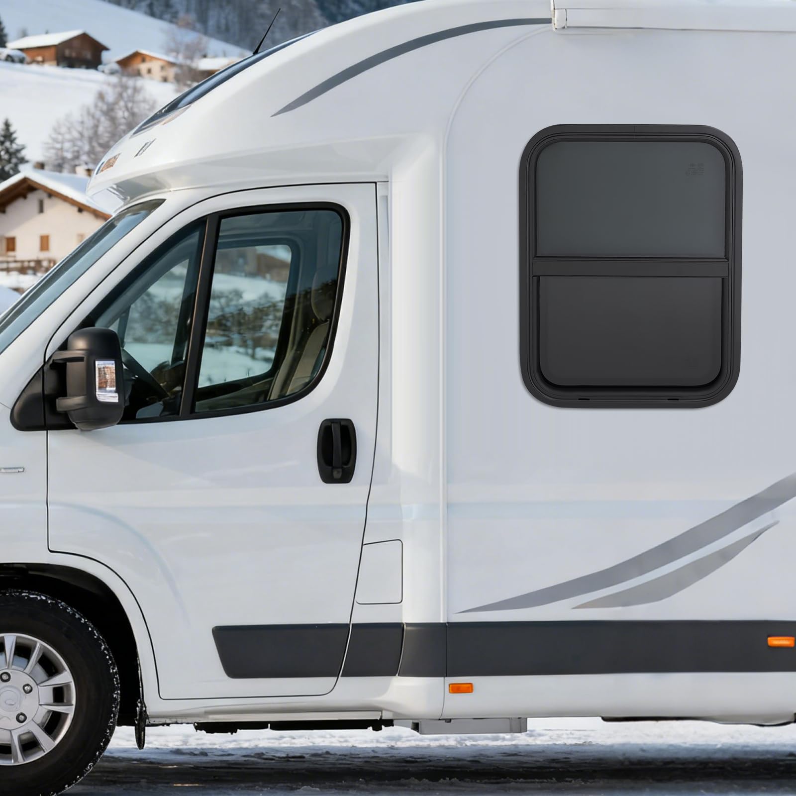 Finestra scorrevole verticale per camper, camper, camion e rimorchi, telaio in alluminio e vetro temperato, con protezione dagli insetti, impermeabile, UV e silenzioso, facile da montare, nero (450 x