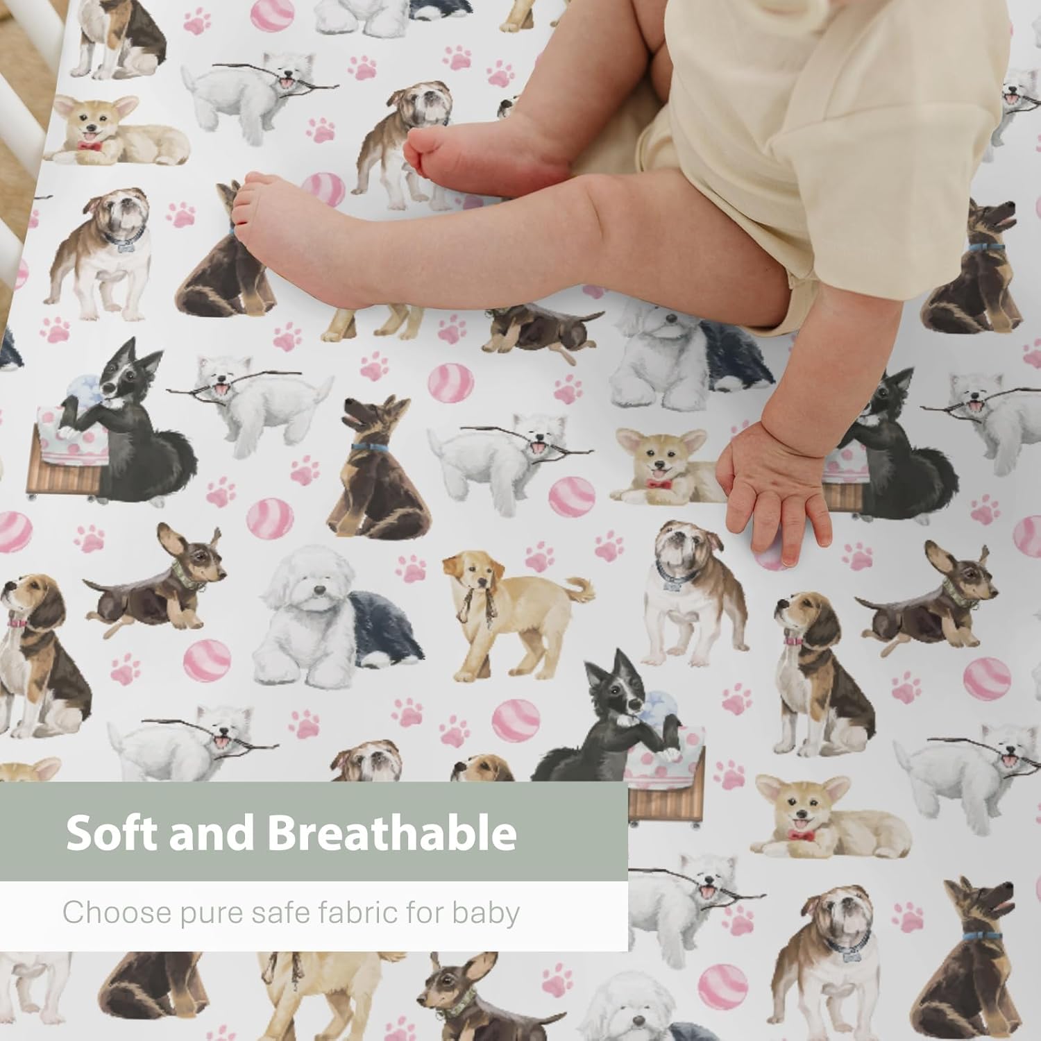 Dog Breeds Baby Crib Sheets for Boy Girl 28"x52" Watercolor Dogs Pink Paws Balls Soft Stretchy Fitted Crib Mattress Covers Dogs Lovers Gift Nursery Baby Sheet for Crib & Toddler Bed Mattresses
