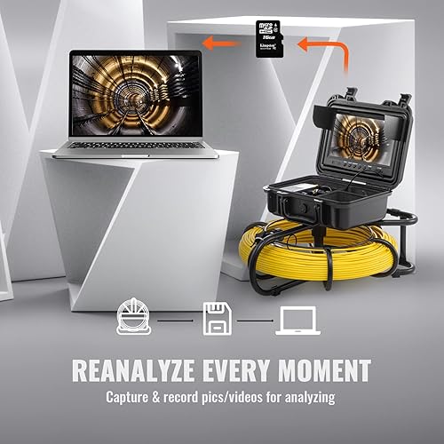 Miniatura 6 de VEVOR Cámara de alcantarillado, 300 pies300.2ft, cámara de inspección de tuberías de pantalla de 9 pulgadas con función DVR, cámara IP68 impermeable