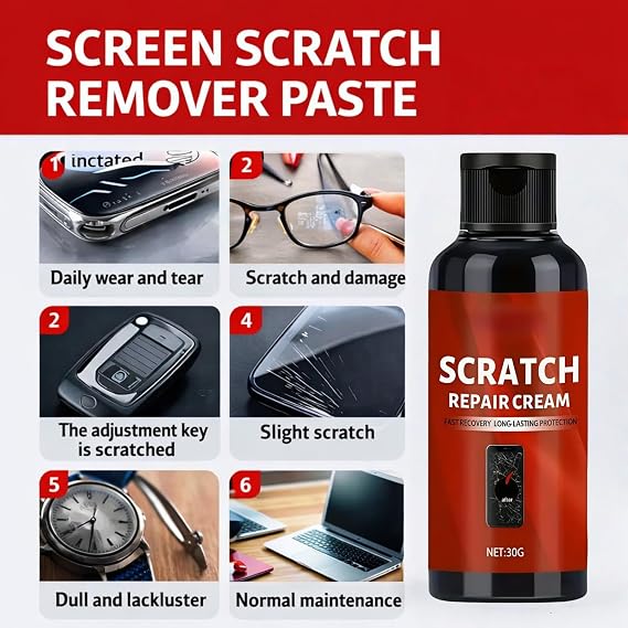 30G Screen Scratch Remover Paste & Polishing Kit,Lens Scratch Remover with Sponge,Phone Screen Scratch Repair Kit,Gentle Polishing & Quick Fix Cream,Repair Scratches for Phone,Glasses,Watch Glass