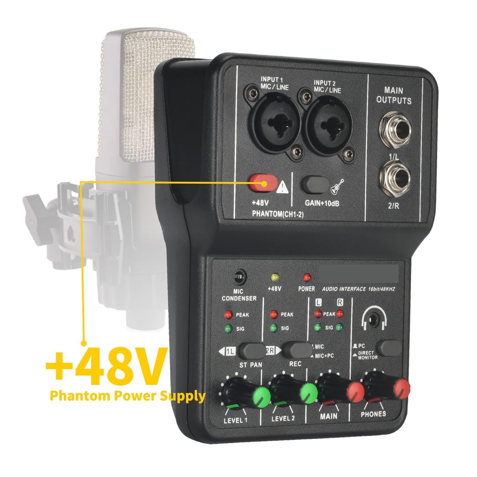 Mini Interfaz De Audio For Grabación De PC, Tarjeta De Sonido Portátil De 48V For Grabación Musical, For Guitarra, Estudio En Casa, Música, Ordenador Profesional Ampliamente Aplicable