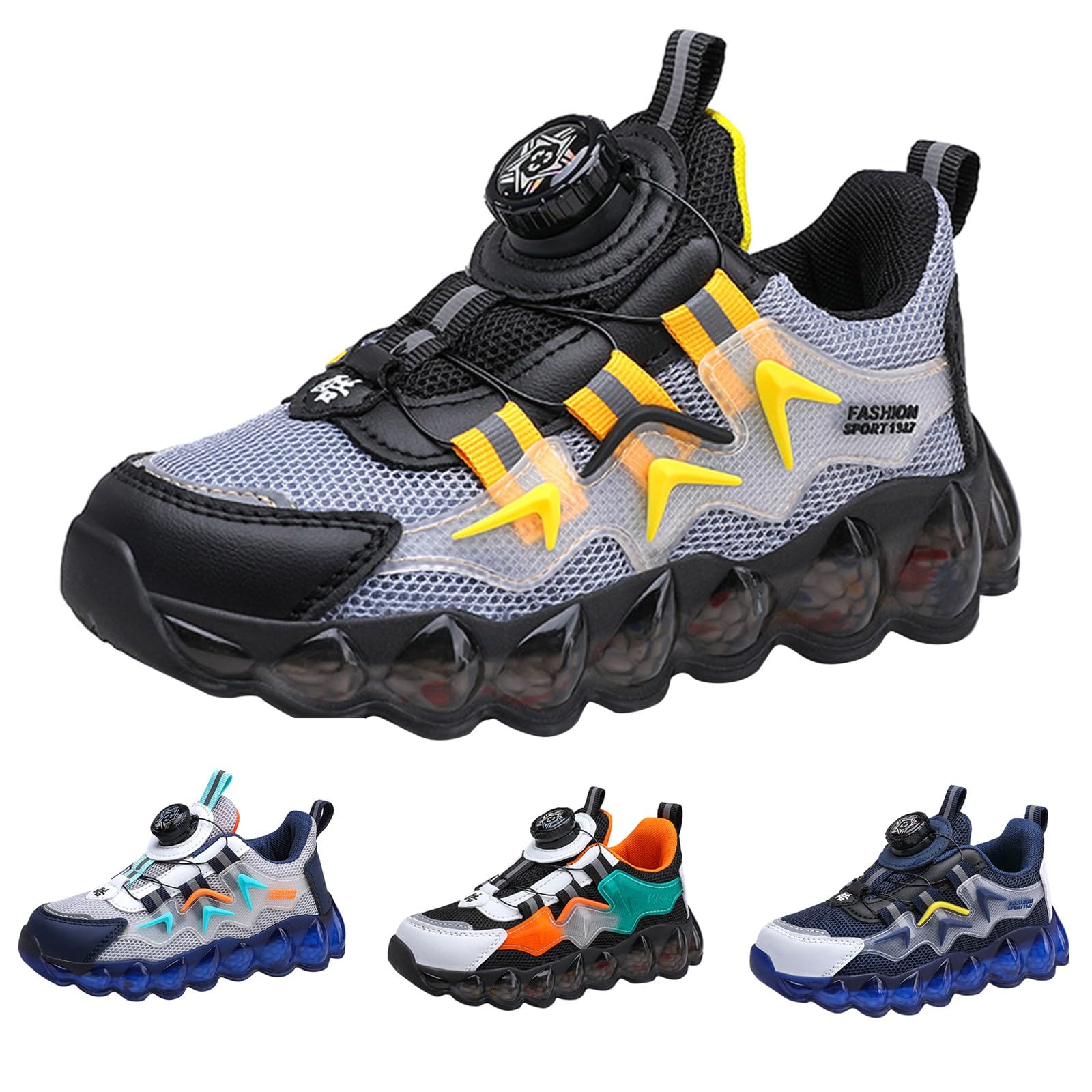 Chaussures de tennis pour garçons - Taille 1 - Printemps, été et automne - Maille respirante - Boucle rotative - Lacets réglables - Taille M et L - Chaussures de sport décontractées pour enfants