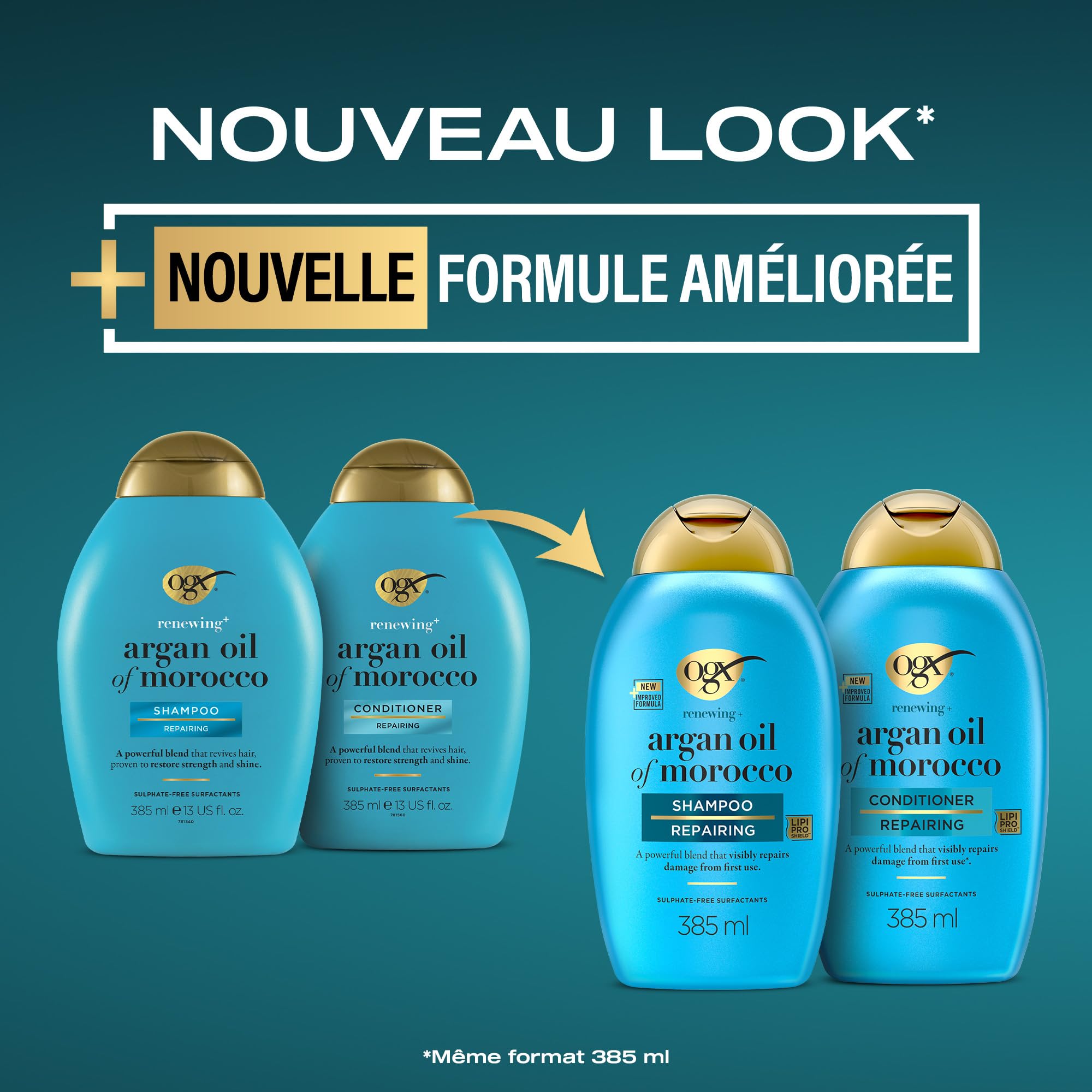 OGX | Shampooing Réparateur Huile d'Argan du Maroc (flacon de 385 ml) – Soin capillaire pour cheveux secs et abîmés – Shampoing sans sulfate