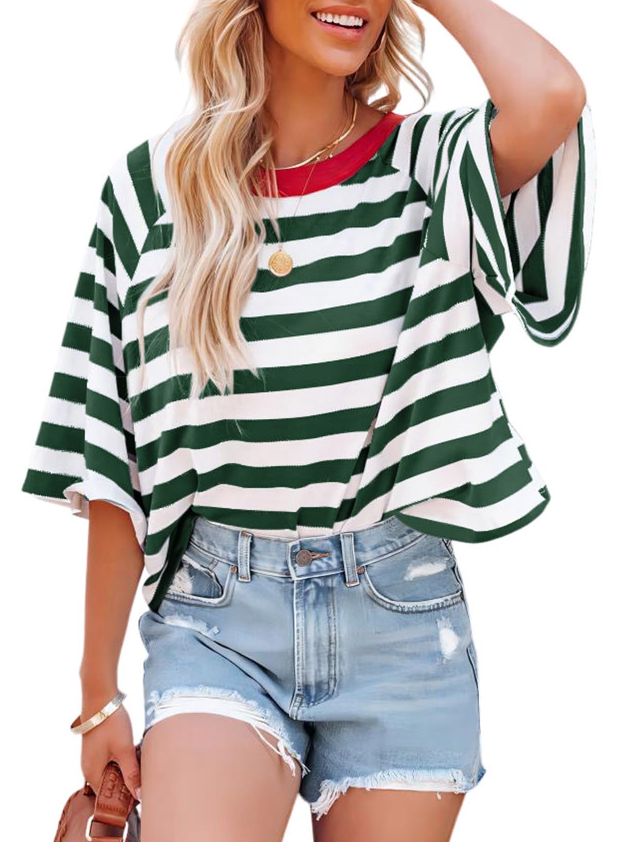 Dokotoo Tops for Women Striped 2026 Fashion T Shirts for Women Color Block Crewneck Design Loose Basic Tee