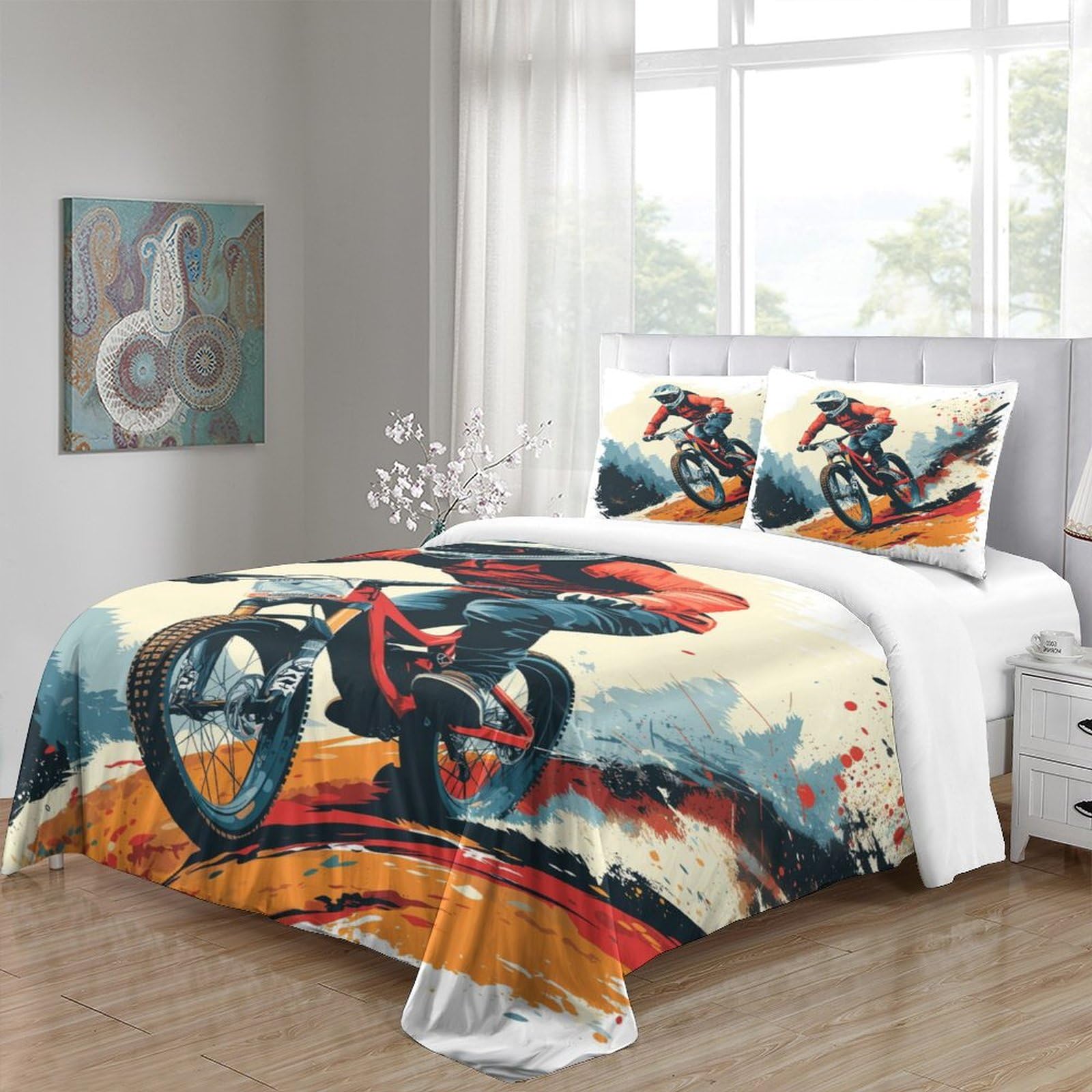 Stampato in 3D bicicletta Copertina Stampata Microfibra Disegnata Biancheria Da Letto Ipoallergenico Con 2 Federe,Double（200x200cm）, Per Adolescenti E Adulti