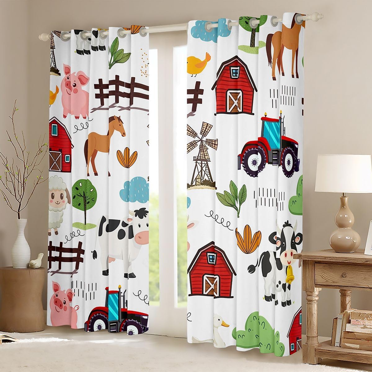 Feelyou Cow Pig Horse Chicken Blackout Curtains Funny Country Theme Darkening Drapes for Bedroom Living Room Decor Farm Animal Thermal Insulated Shades Window Treatments, 2 Panels 38 x 45 Inch image 2
