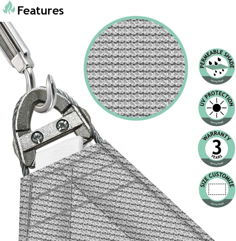SunnyRoyal 18'x36' Sun Shade Sail Super A Ring Wire Cable Inside Commercial Grade with Hardware Kits Rectangle Canopy Awning UV Block Heavy Duty Outdoor Patio Carport (Light Gray)