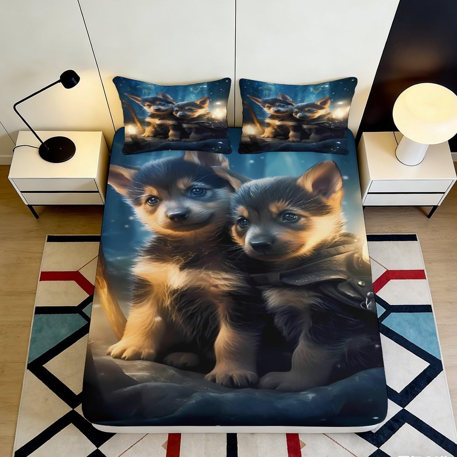 3D Printed Puppy Twin Fitted Sheet Microfiber Soft Breathable Dog Lovers Bed Cover for Bedroom Dorm Mattress Decor 90x200x25cm