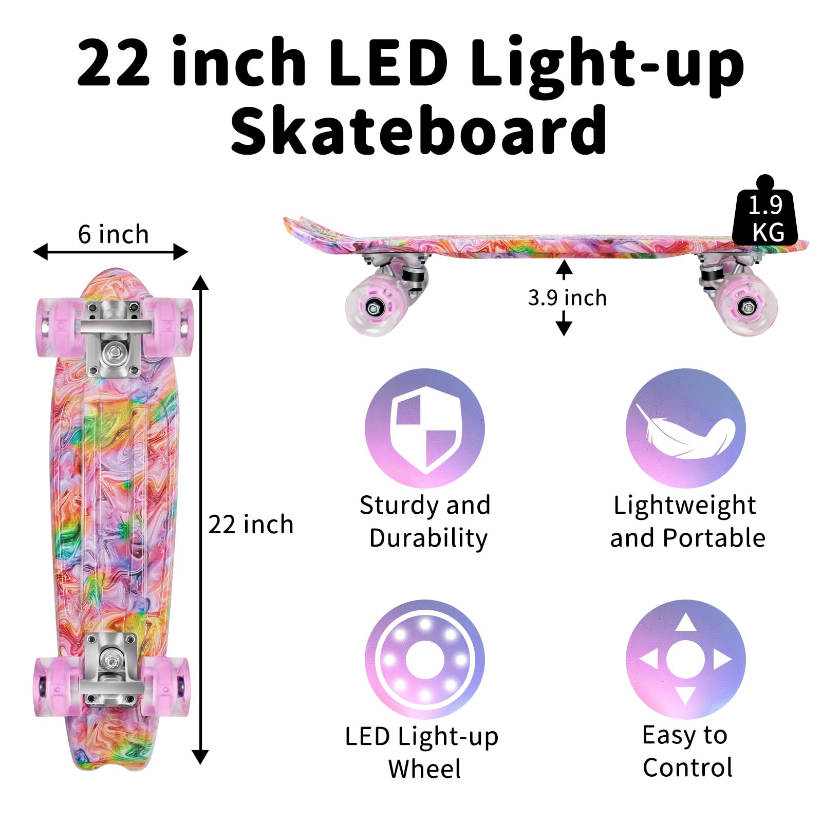 BELEEV Skateboard Cruiser da 55,9 cm per bambini, ragazzi, adolescenti, adulti, principianti, ruote luminose a LED, mini skateboard classico completo con attrezzo a T, carico massimo 99,8 kg