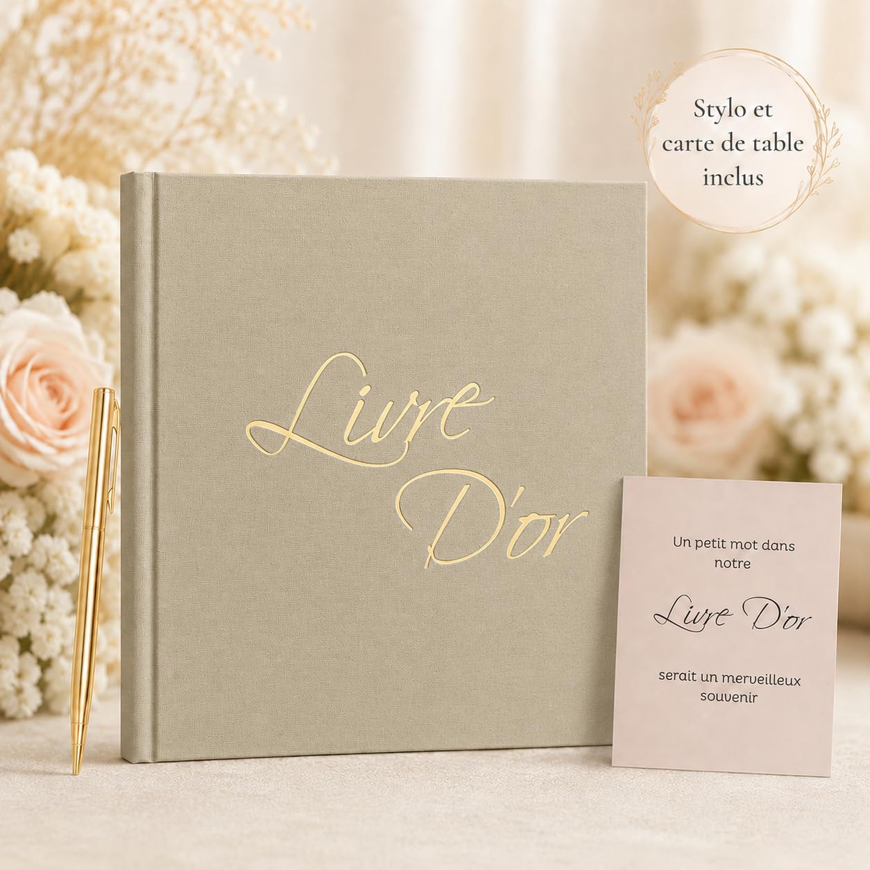 Livre d'Or Lin Beige 21x21 cm 100 Pages Blanches Stylo et Affiche Mariage Anniversaire Baptême
