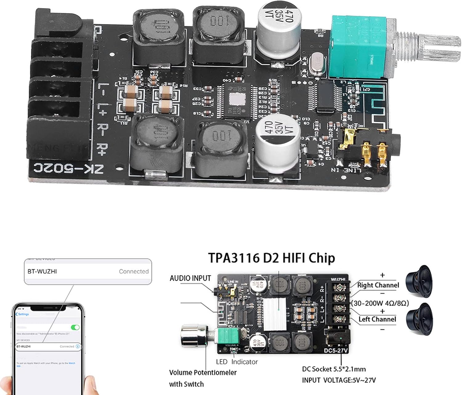 Audio Amplifier Board, Dual Channels Amp Board with Volume Control, 50W ZK 502C HiFi Power Amplifier Board for Speakers