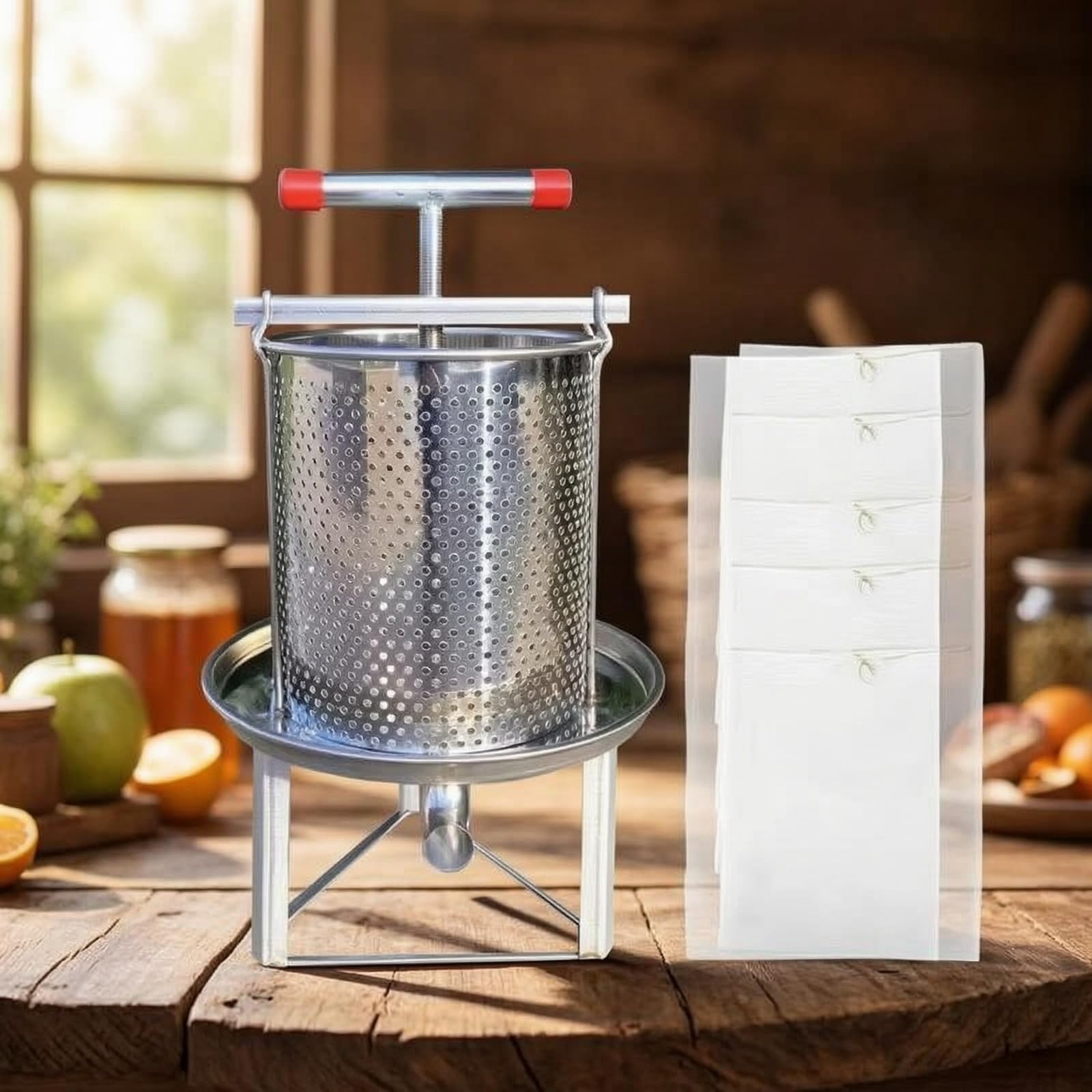 perfeclan Manual Extractor Colador Exprimidor Compresor Diseño Inteligente con Cesta Cilíndrica y Soporte Inoxidable con Bolsas Filtrantes Adecuada para Apicultor y Procesamiento