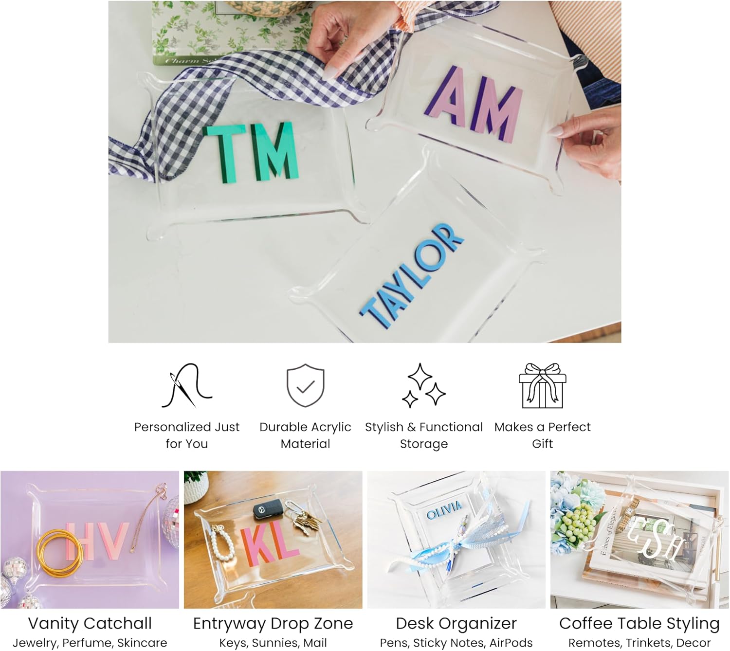 Personalized Acrylic Tray - Custom Shadow Monogram, Clear Jewelry or Desk Catchall Tray, Small or Large Organizer, Gift for Her, Graduation, Mother’s Day, Birthday, or Holiday (Small)