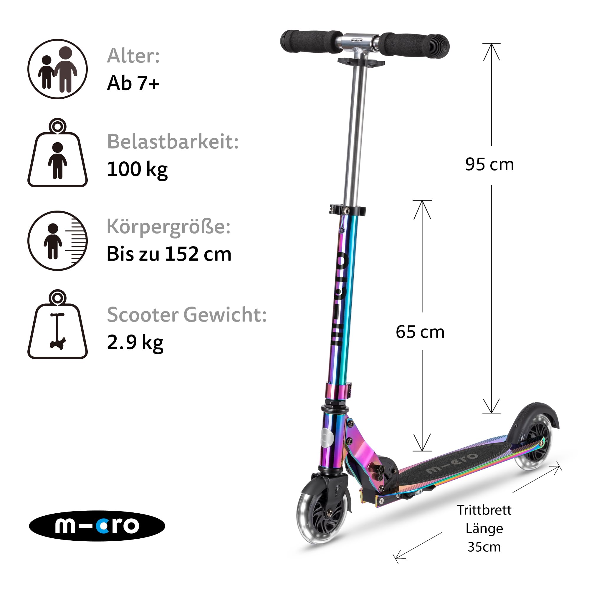 micro™ Sprite LED Kinderscooter | Das ORIGINAL | Kinder Cityroller mit LED-Rollen | klappbar und höhenverstellbar | ab 5 Jahre | Tretroller inkl. Sicherheitsweste