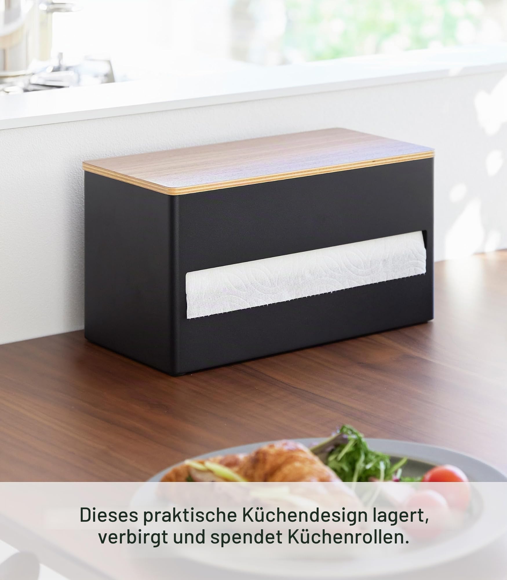 Yamazaki 1644 RIN Küchenrollenhalter, schwarz, Stahl/Holz/Silikon, minimalistisch, 16,2 x 31,2 x 17 cm