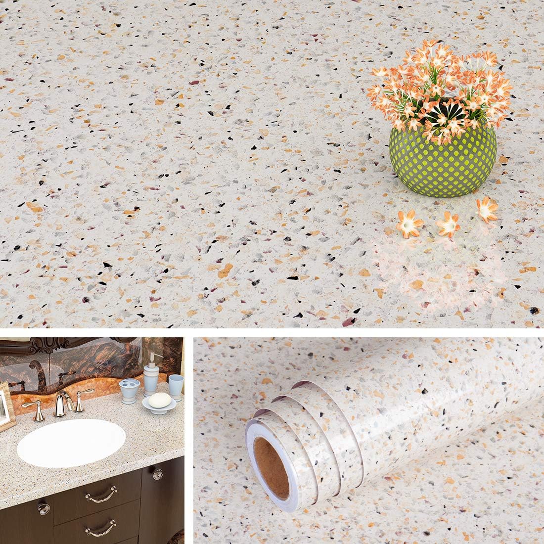 Livelynine 15.8x394 Contact Paper White and Gold Granite Countertop Wallpaper Peel and Stick Countertops Waterproof Kitchen Vinyl Wrap Counter Top