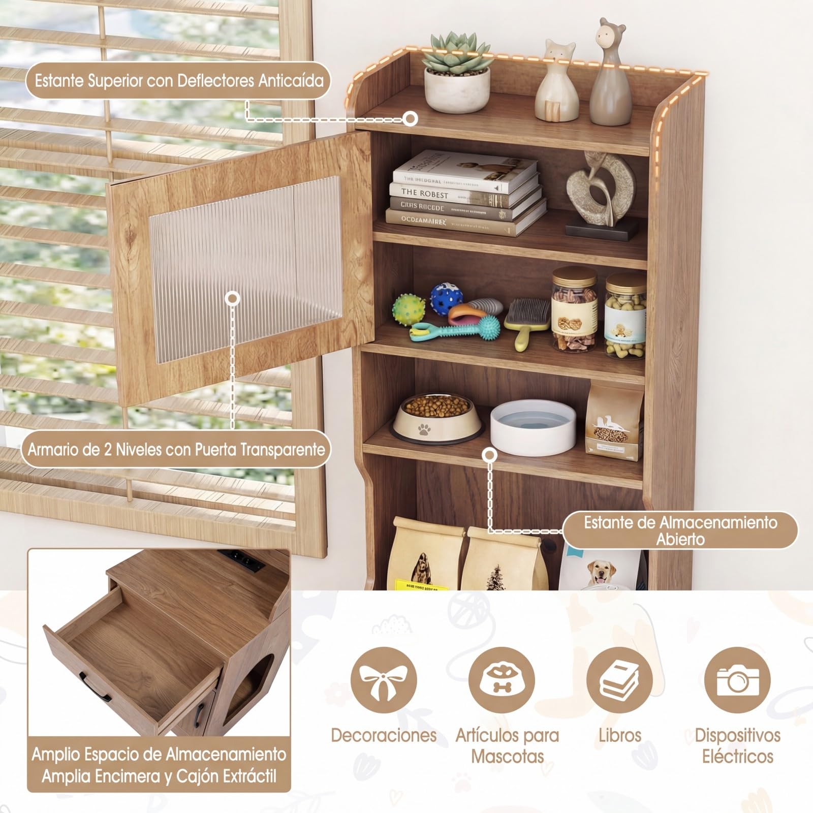 COSTWAY Mueble Arenero Gatos Alto con Luz LED, Armario Arenero para Gatos con Estantes, Estación de Carga, Cajón, 20 Modos de Luz, Control Remoto, Mueble Auxiliar para Gato, 50x45x152 cm (Natural)