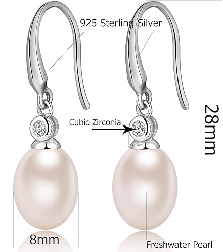 Miniatura 4 de 18K White Gold Plated Pearl Hangling Earrings for Women, 925 Sterling Silver Cubic Zirconia Pearl Dangle Drop Earrings with Fish Hook, Pearl Jewelry