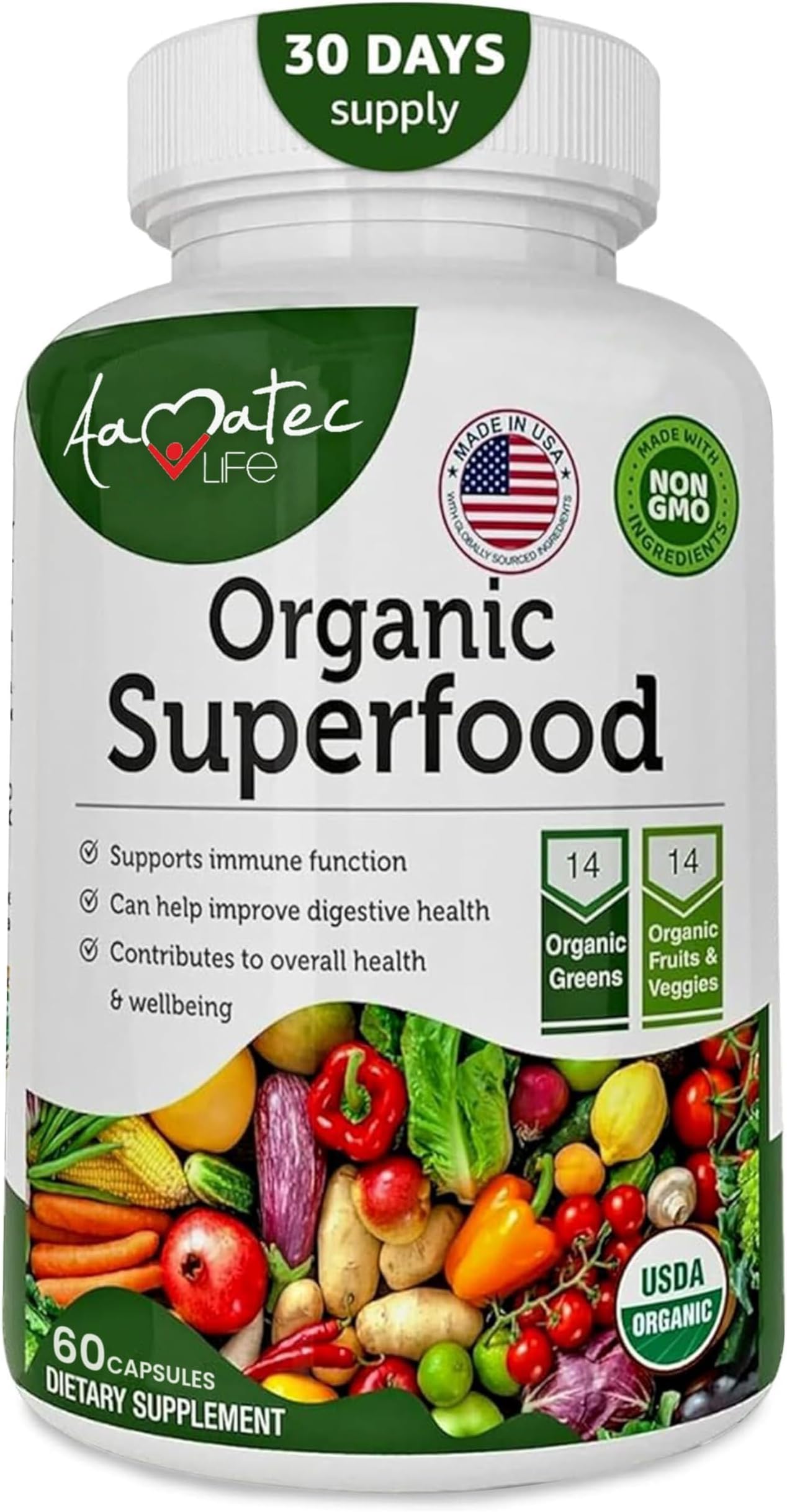 Organic Superfood Greens Fruits and Veggies Complex - Dietary Supplement with 14 Greens and 14 Fruits & Vegetables with Alfalfa Rich in Antioxidant Organic Ingredients Non-GMO, 60 Count