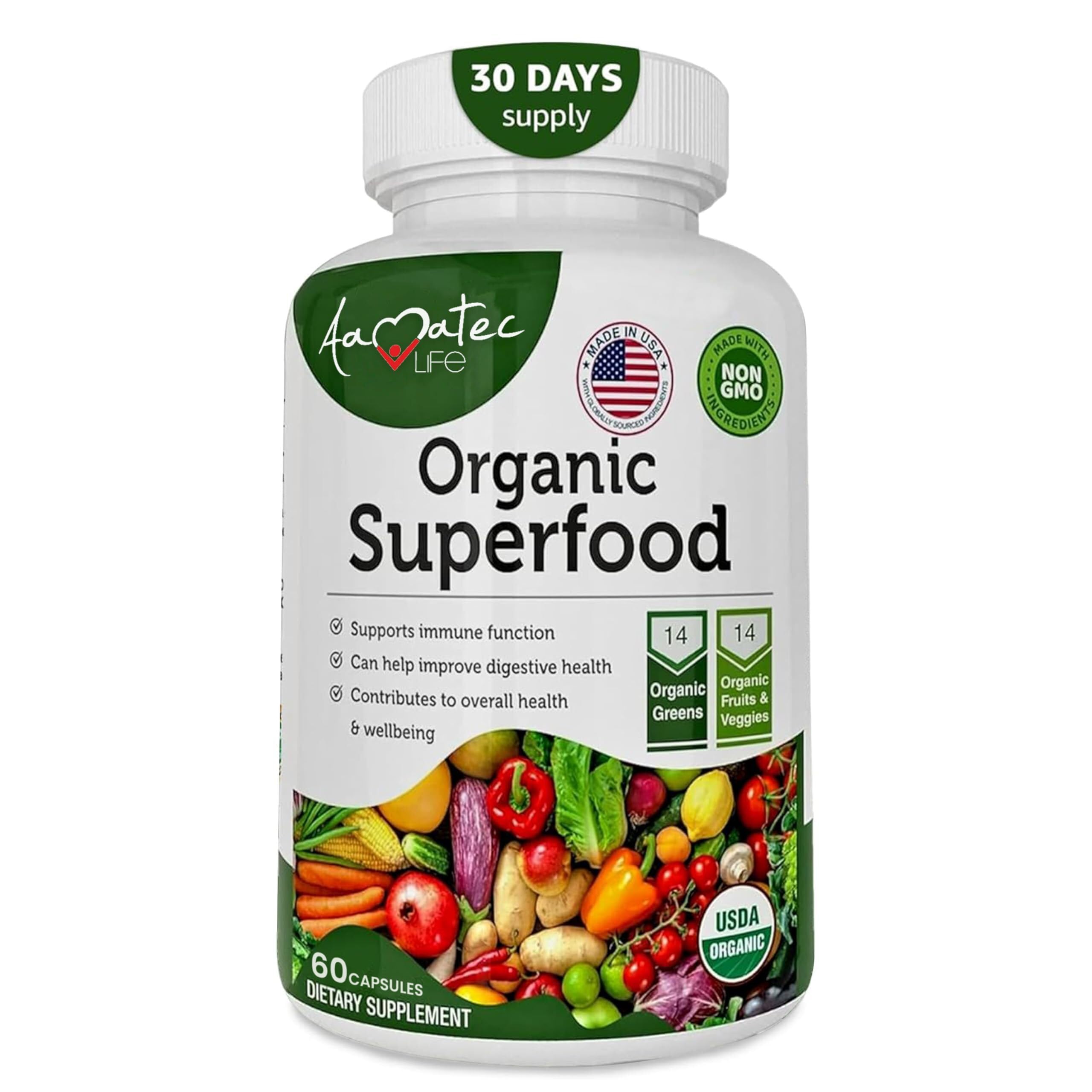 Organic Superfood Greens Fruits and Veggies Complex - Dietary Supplement with 14 Greens and 14 Fruits & Vegetables with Alfalfa Rich in Antioxidant Organic Ingredients Non-GMO 60 CapsulesUSDA Organic