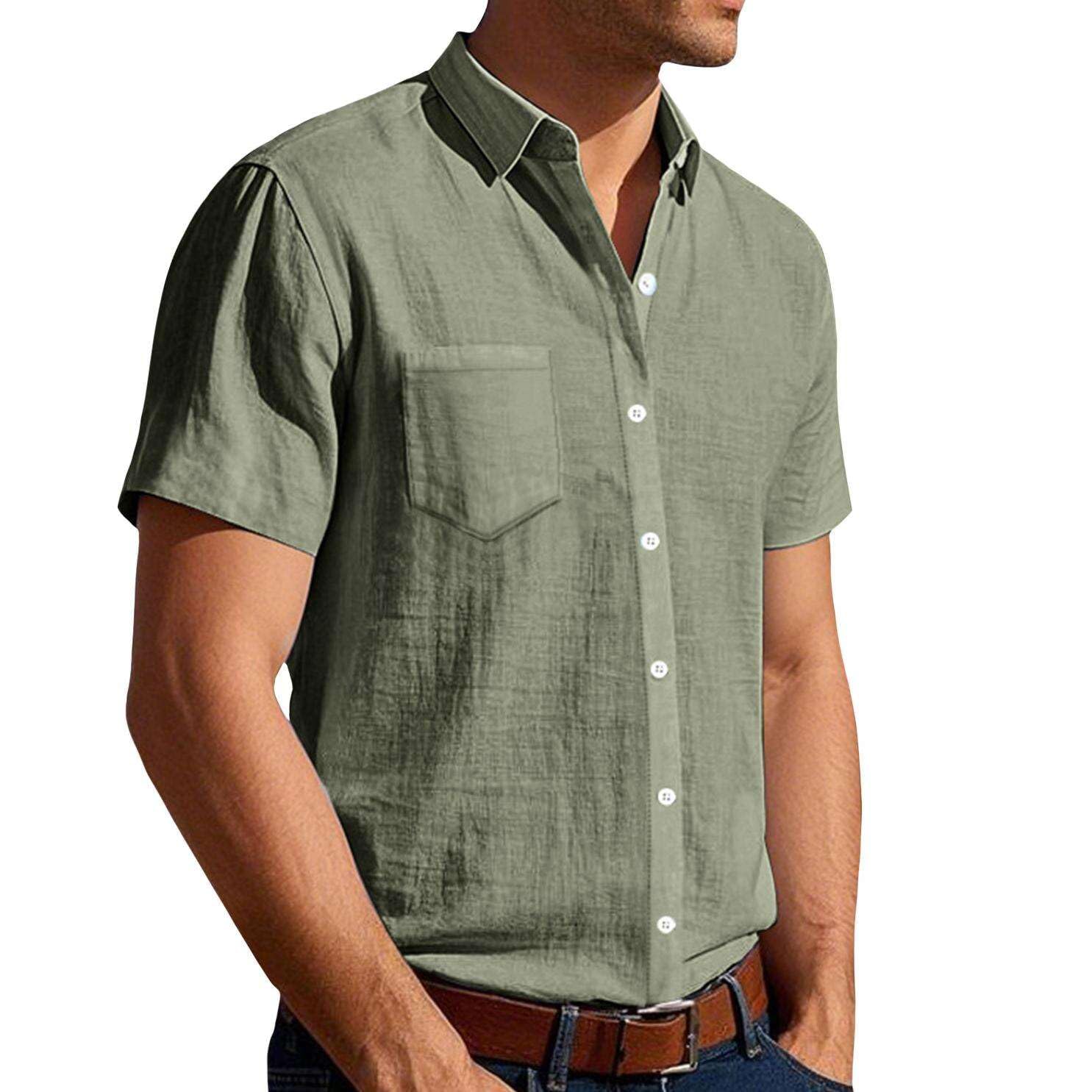 Mens' Linen Shirts for Summer Short Sleeves V Neck Casual Solid Button Down Business Shirt with Pocket
